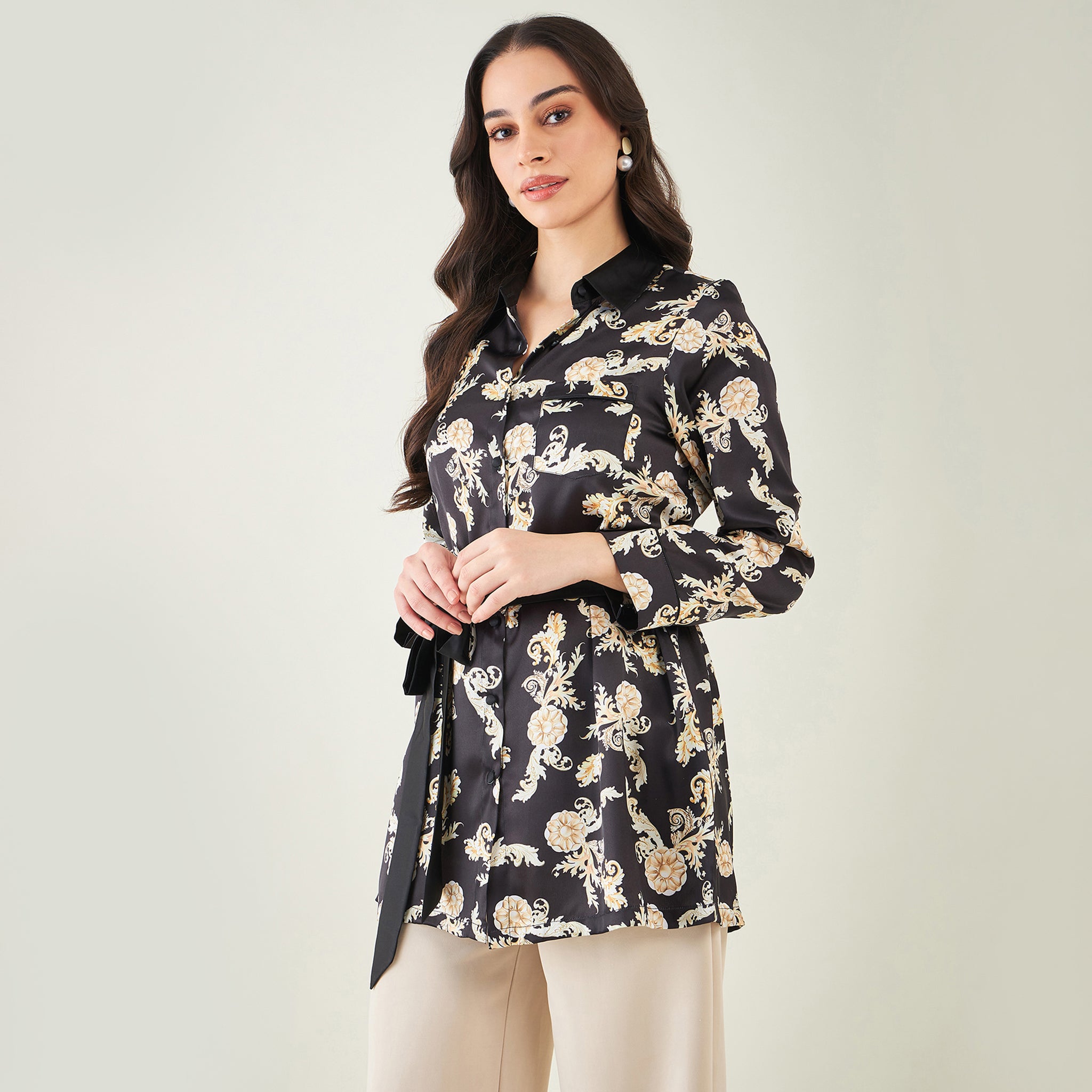 Black Baroque Print Shirt with Belt