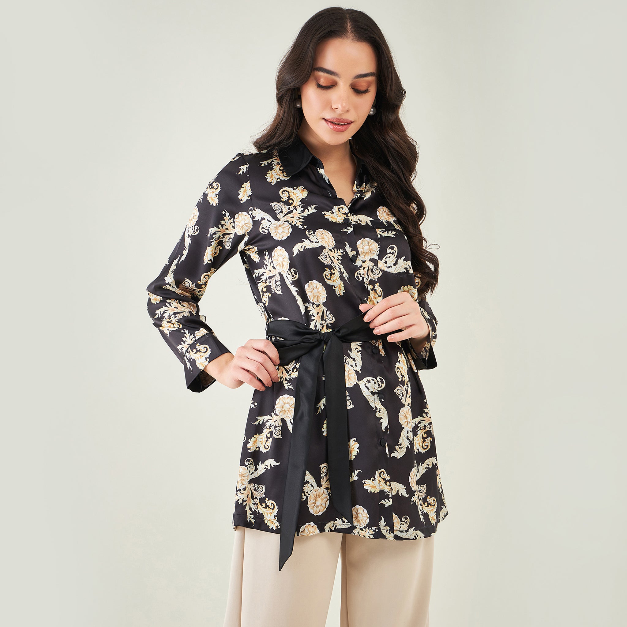 Black Baroque Print Shirt with Belt