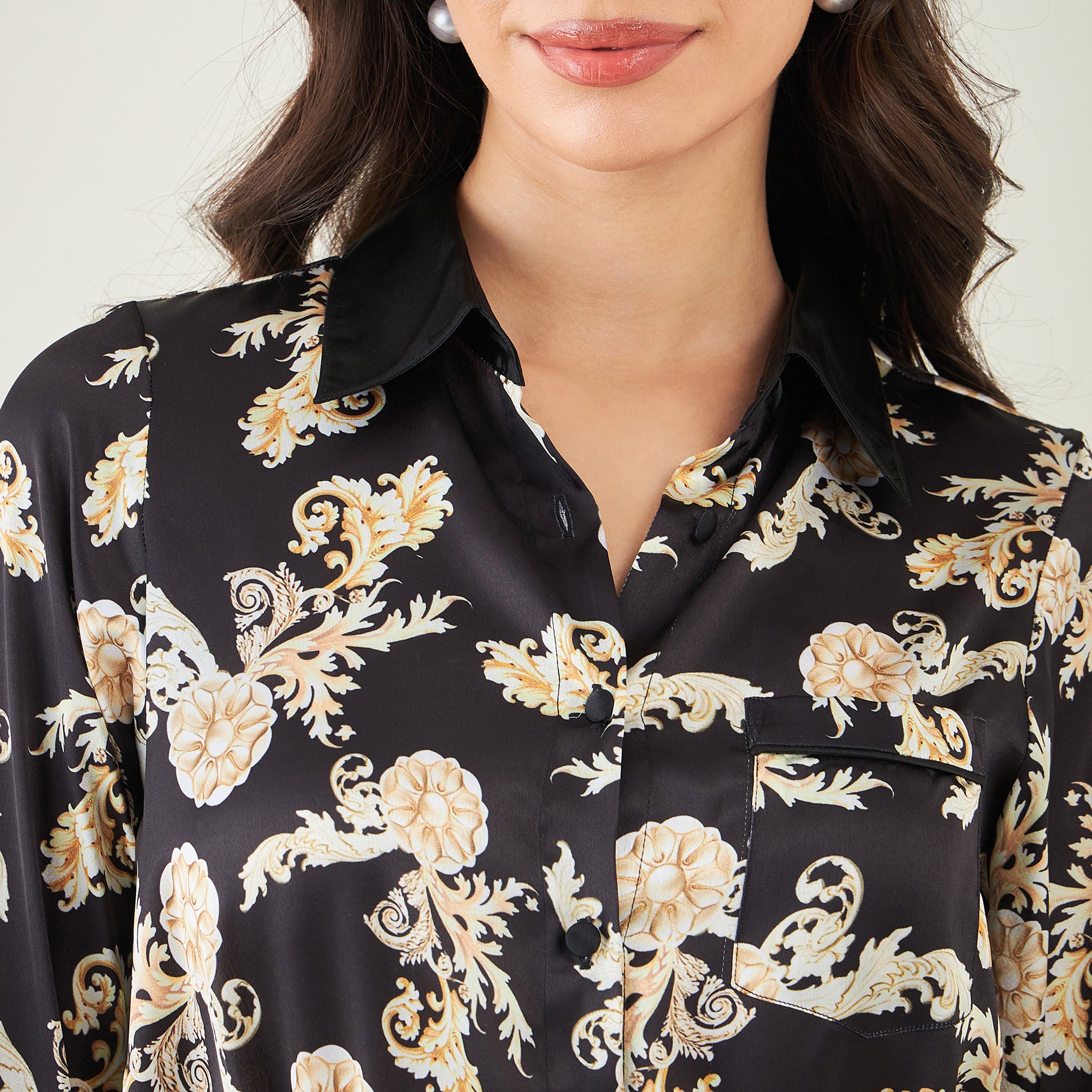 Black Baroque Print Shirt with Belt