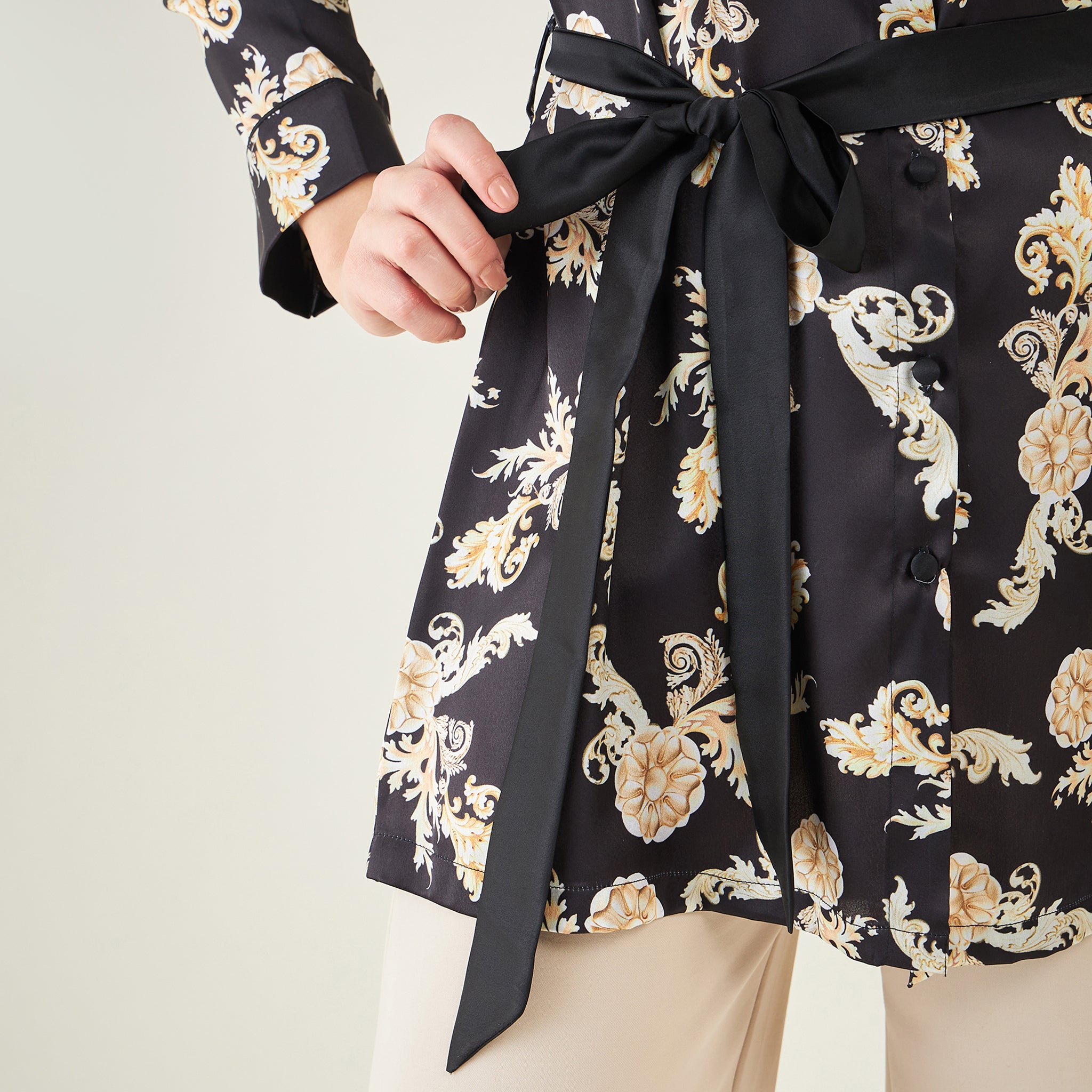 Black Baroque Print Shirt with Belt