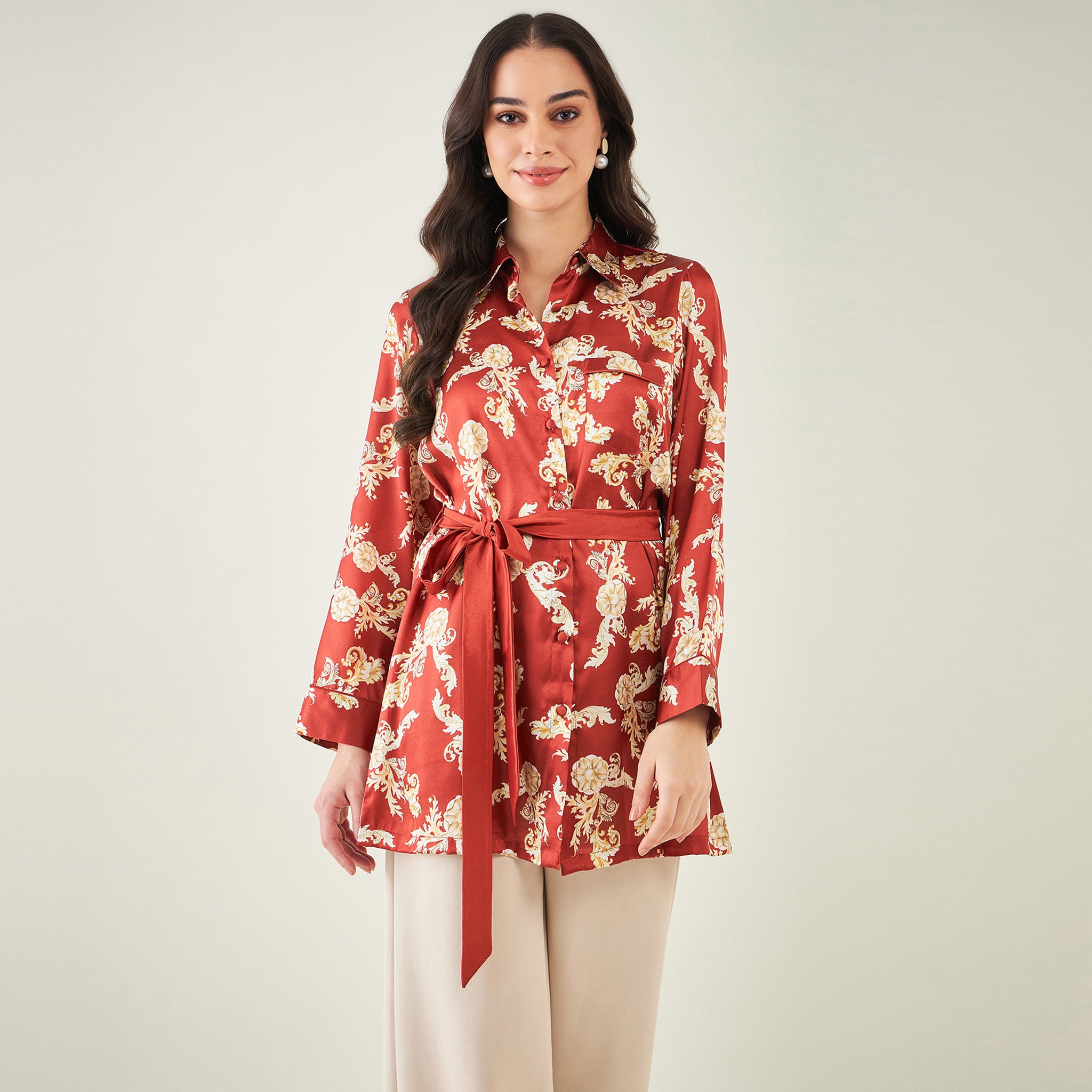 Red Baroque Print Shirt with Belt