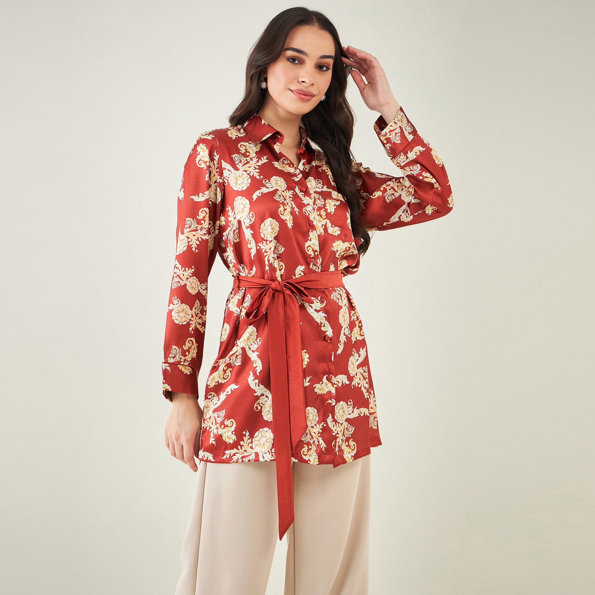 Red Baroque Print Shirt with Belt