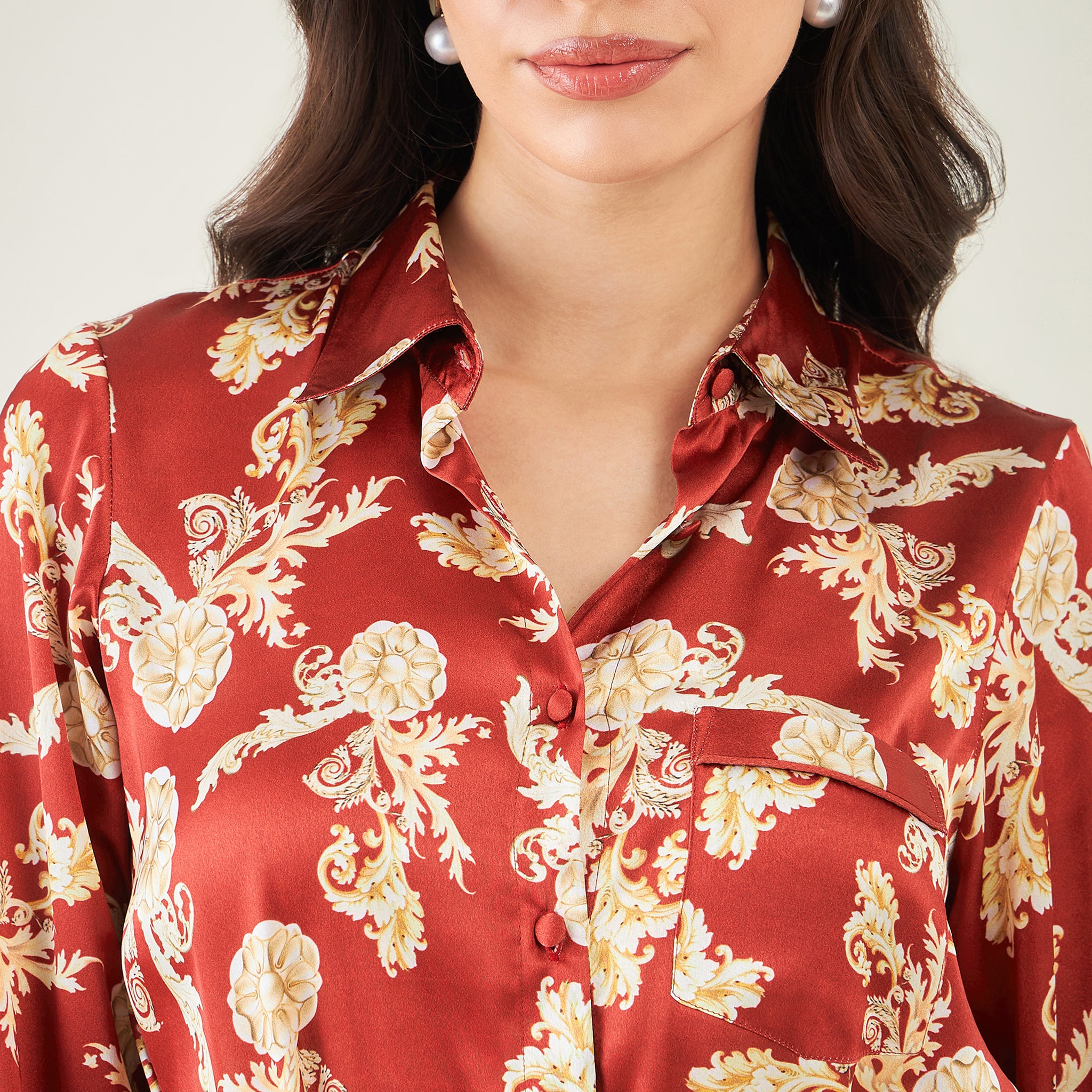 Red Baroque Print Shirt with Belt