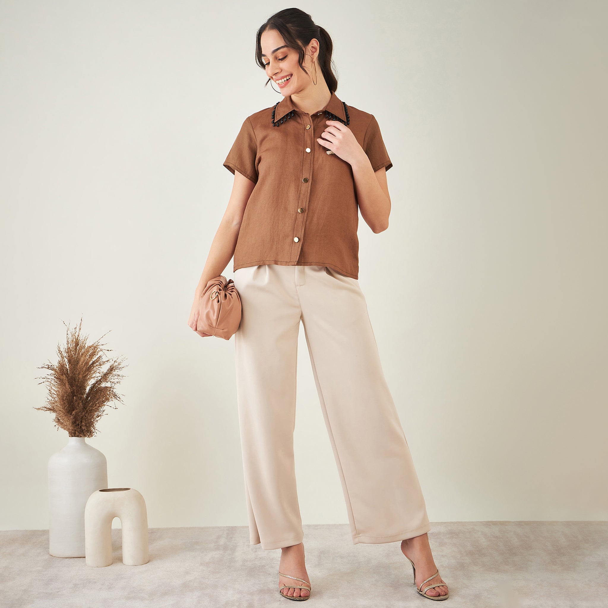 Brown Linen Shirt with Lace Detail