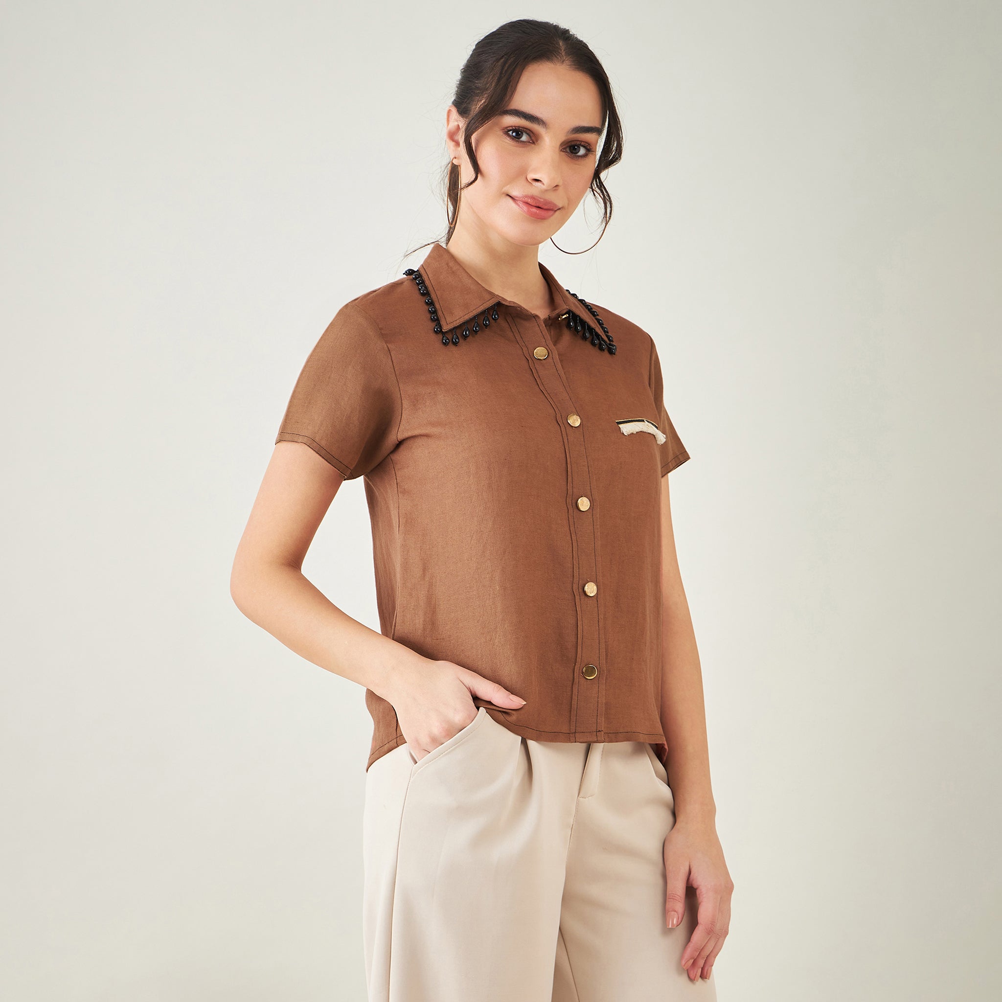 Brown Linen Shirt with Lace Detail