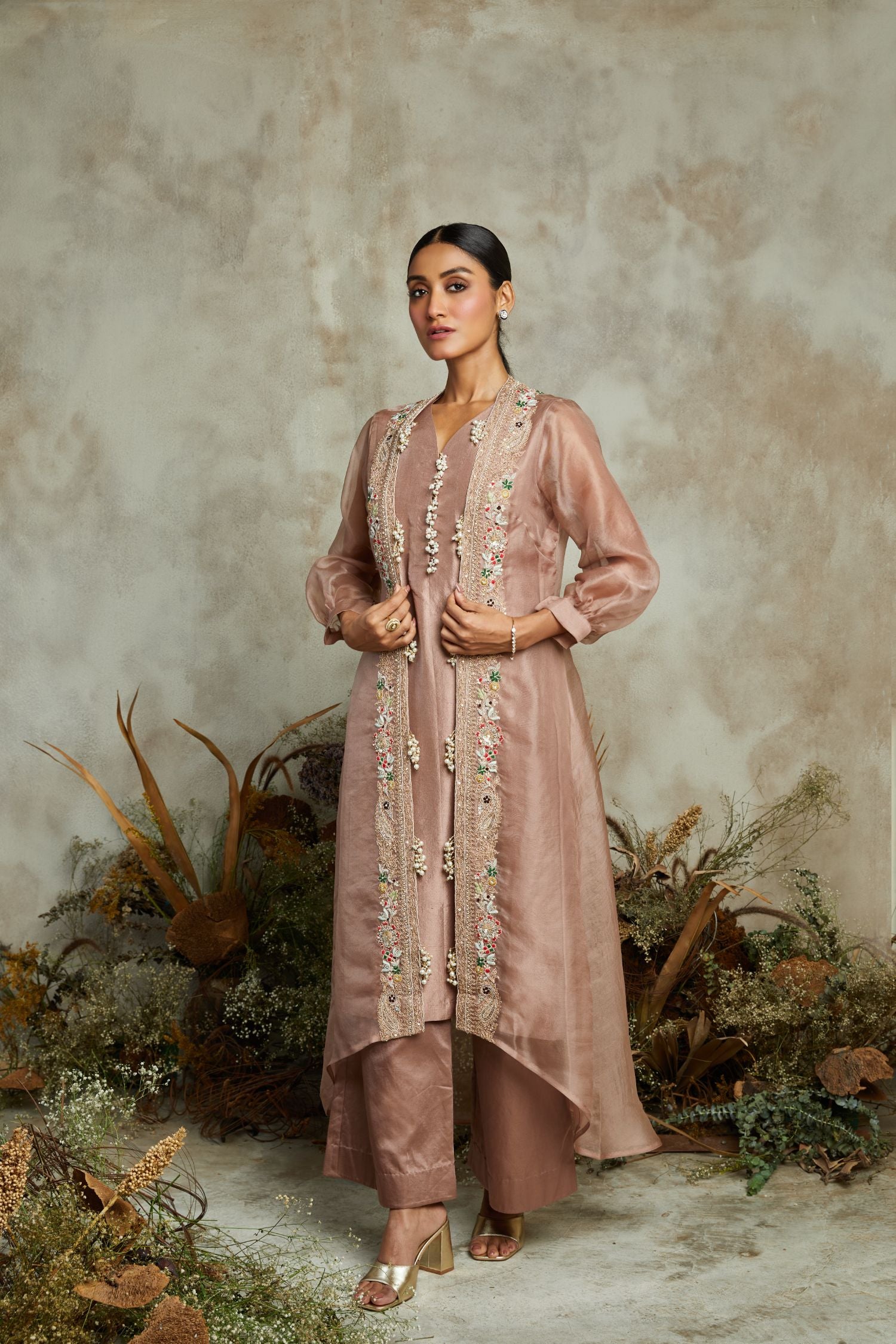 Silk Kurta With Organza Jacket And Cotton Satin Pants