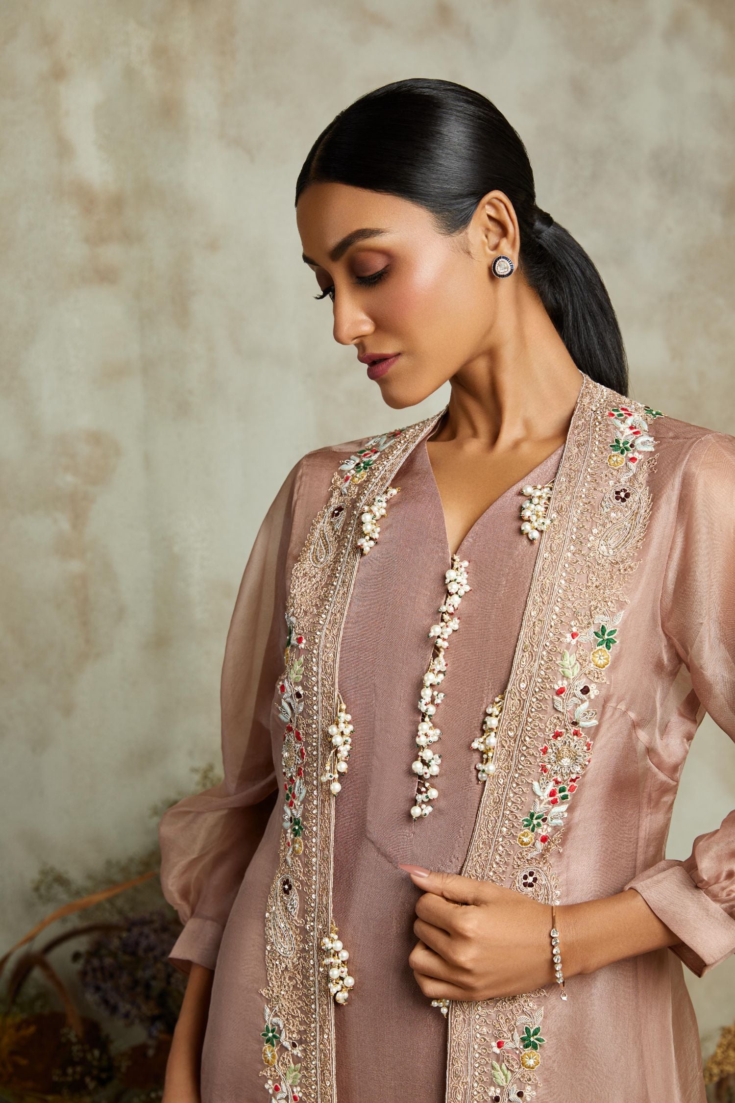 Silk Kurta With Organza Jacket And Cotton Satin Pants