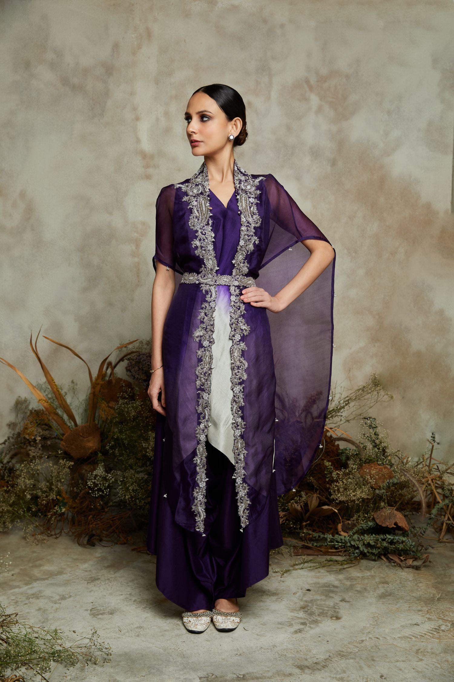 Silk Handkerchief Kurta With Organza Cape And Cotton Satin Pants