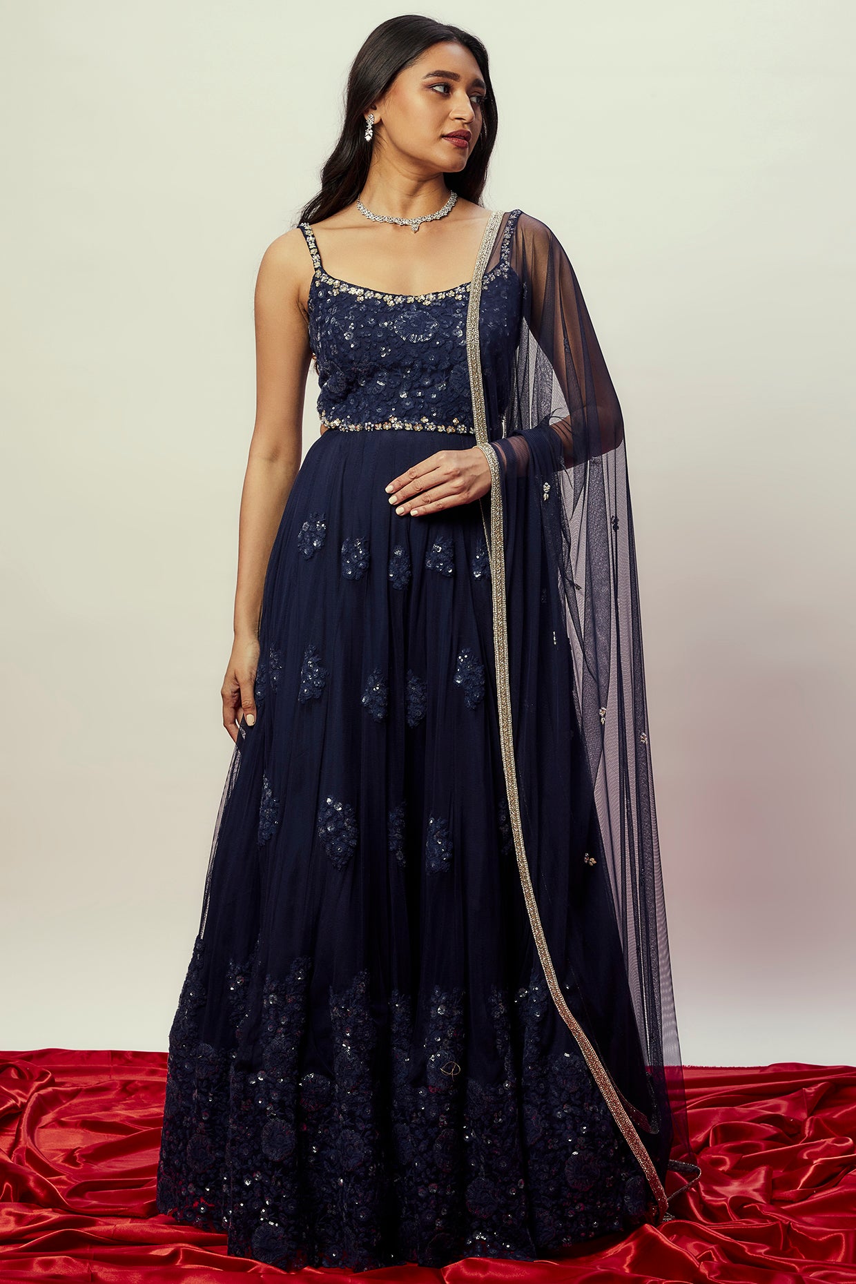 Midnight Blue Floral Anarkali Gown