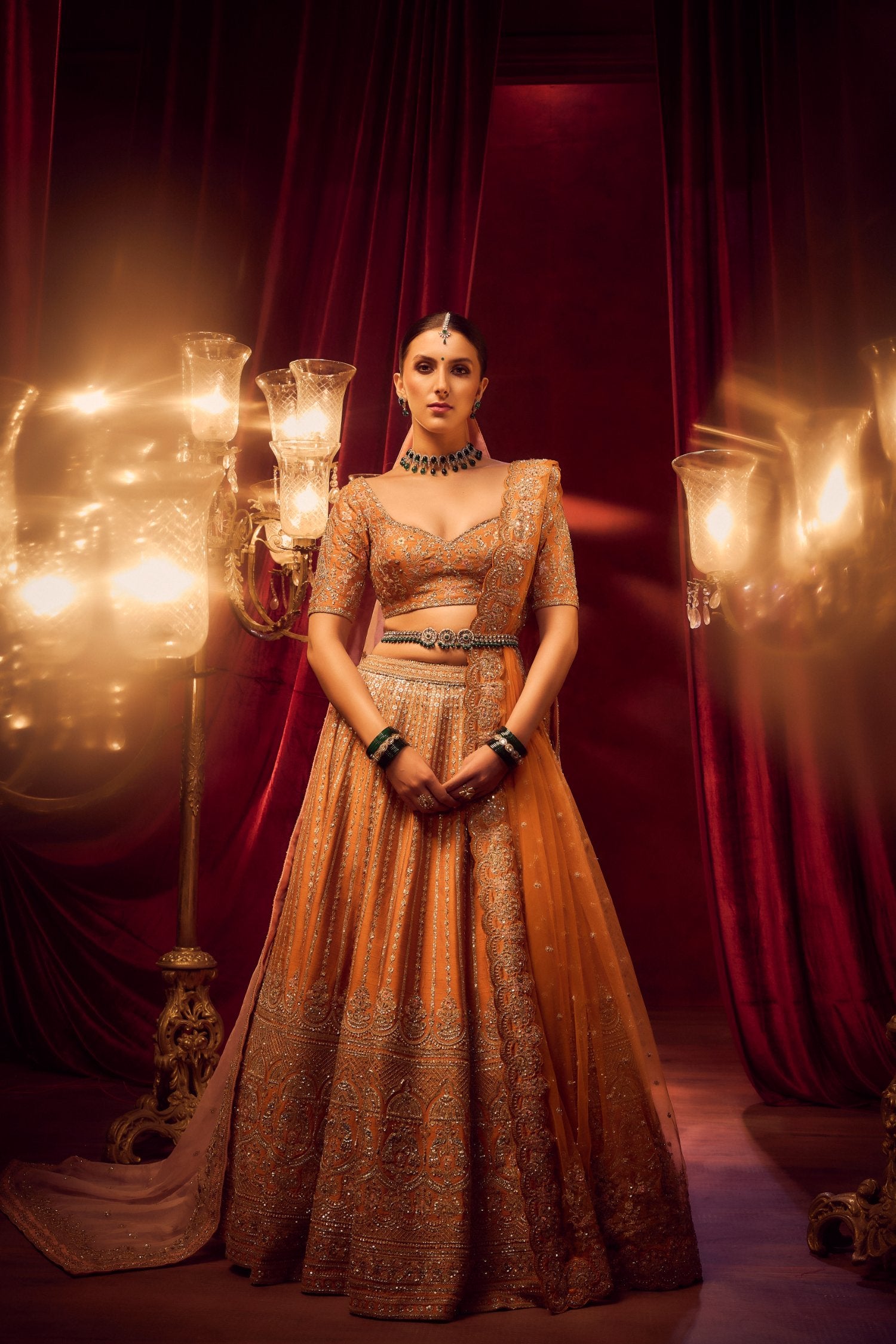 Rust Raw Silk Hand & Machine Embroidered Lehenga Set