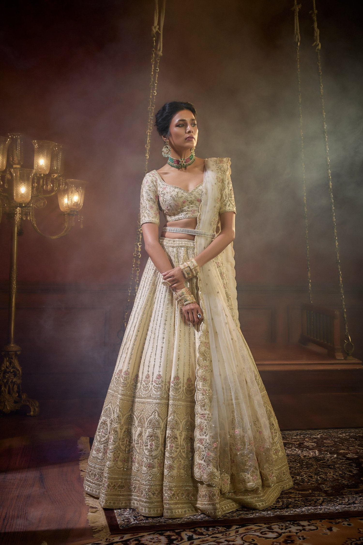 Ivory Raw Silk Hand & Machine Embroidered Lehenga Set