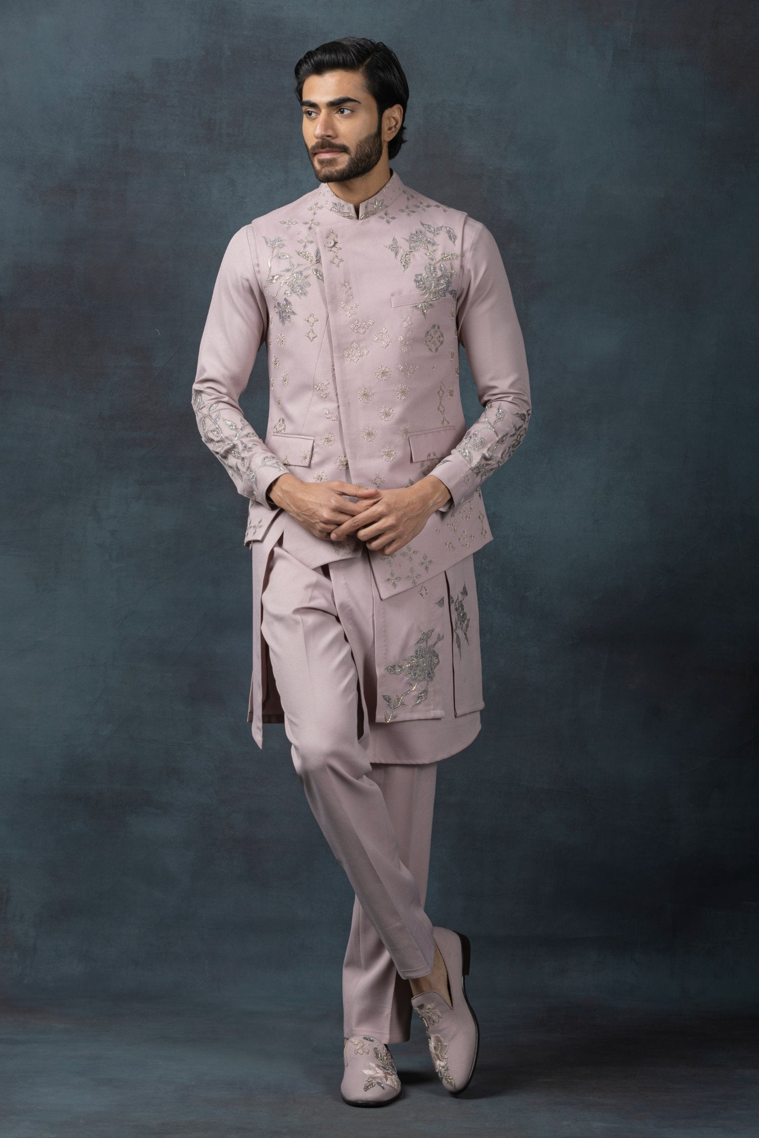 Lavender Waistcoat With Panel Kurta Set