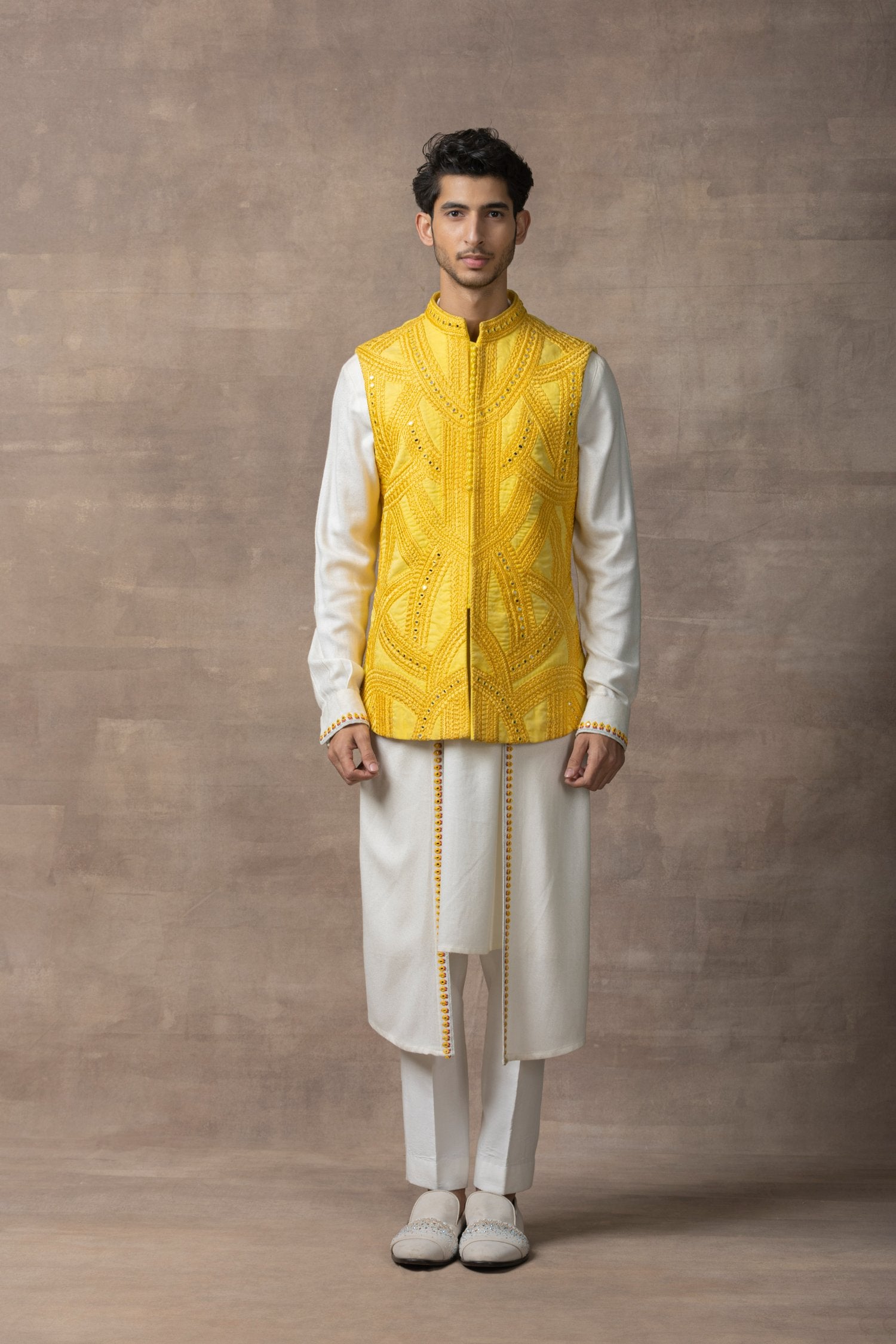 Mustard Drape Open Waistcoat Set