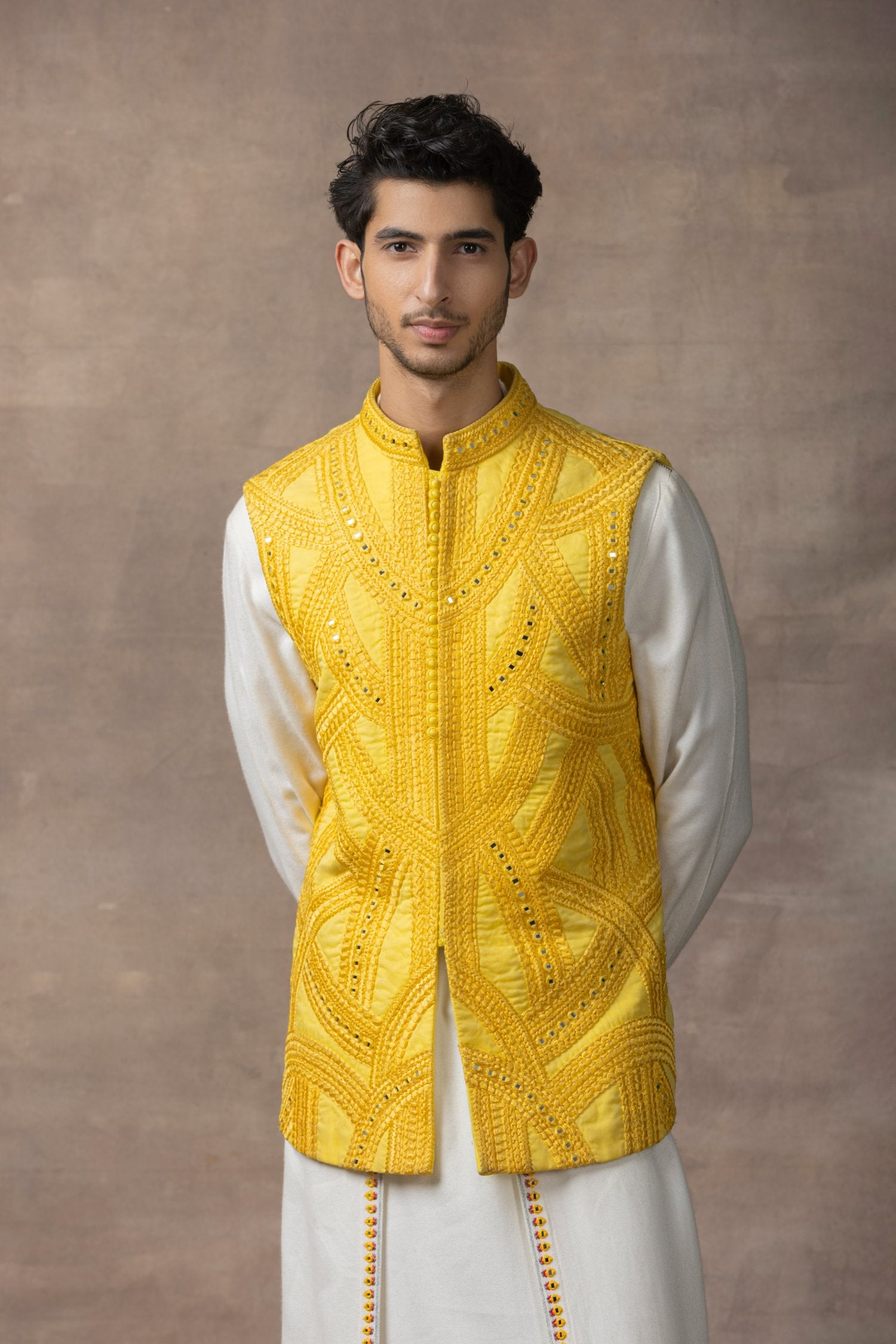 Mustard Drape Open Waistcoat Set