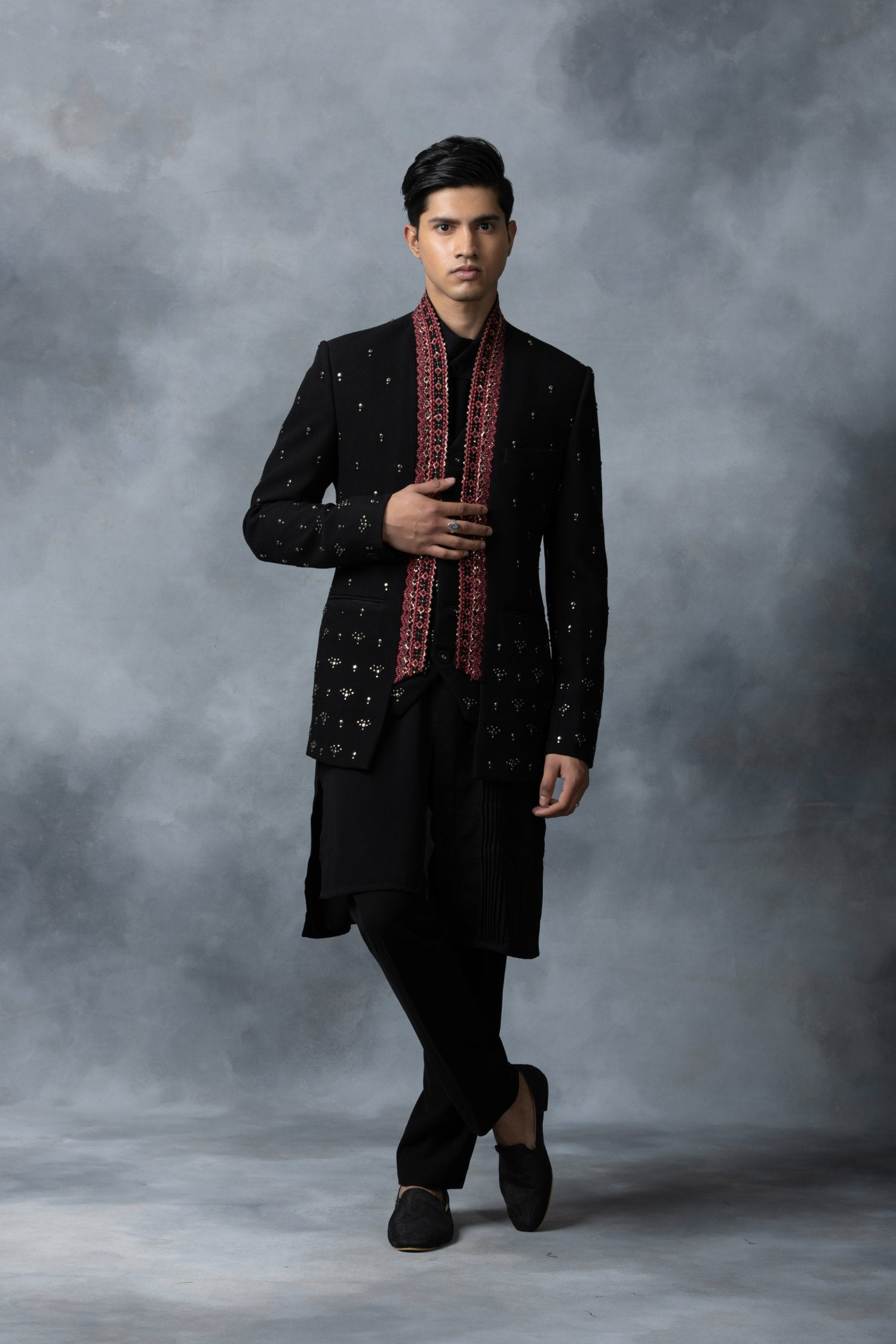 Black Dual Layer Bandhgala With Rivet Work