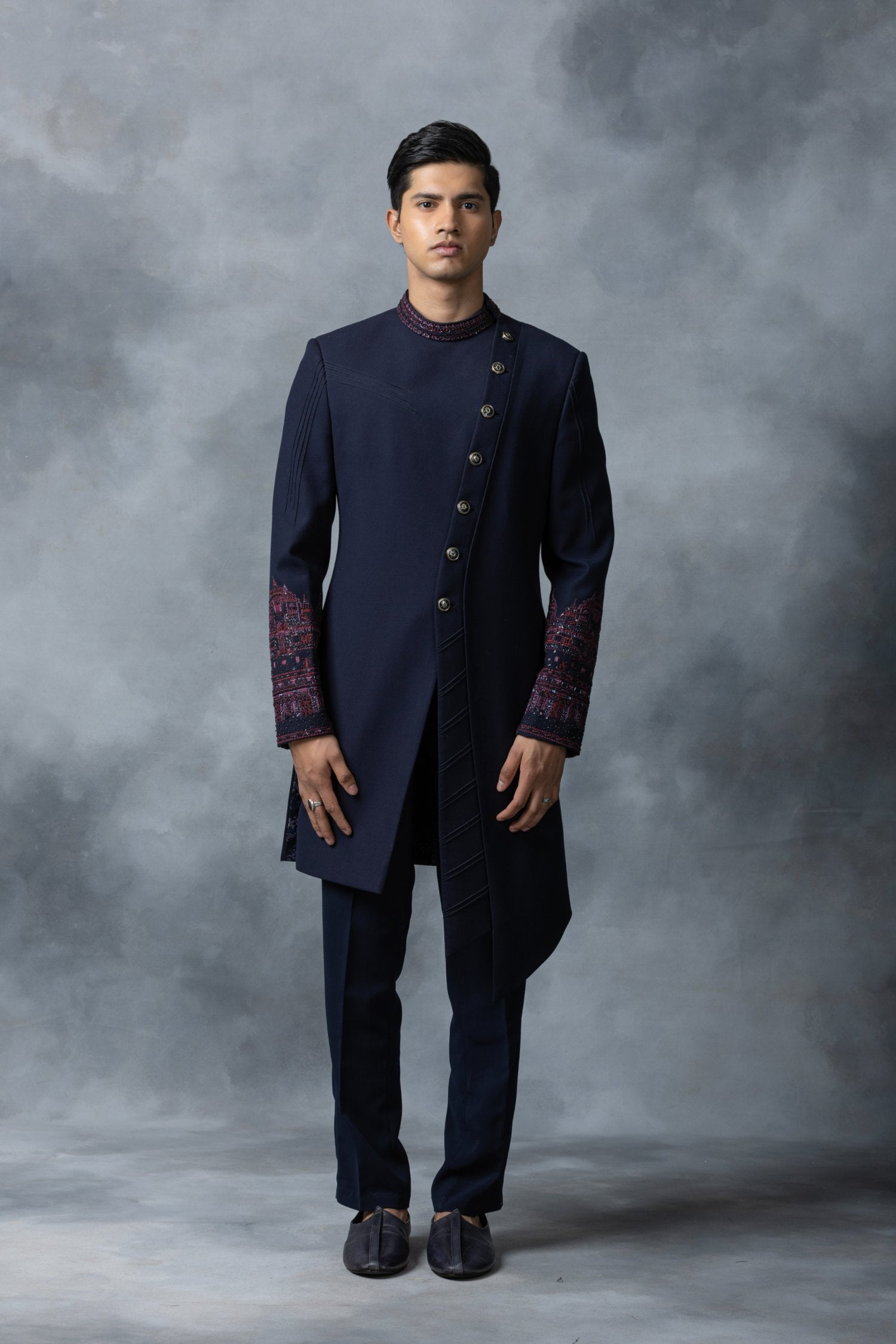 Navy Slant Cut Indo-Western With Wine And Navy Embroidery