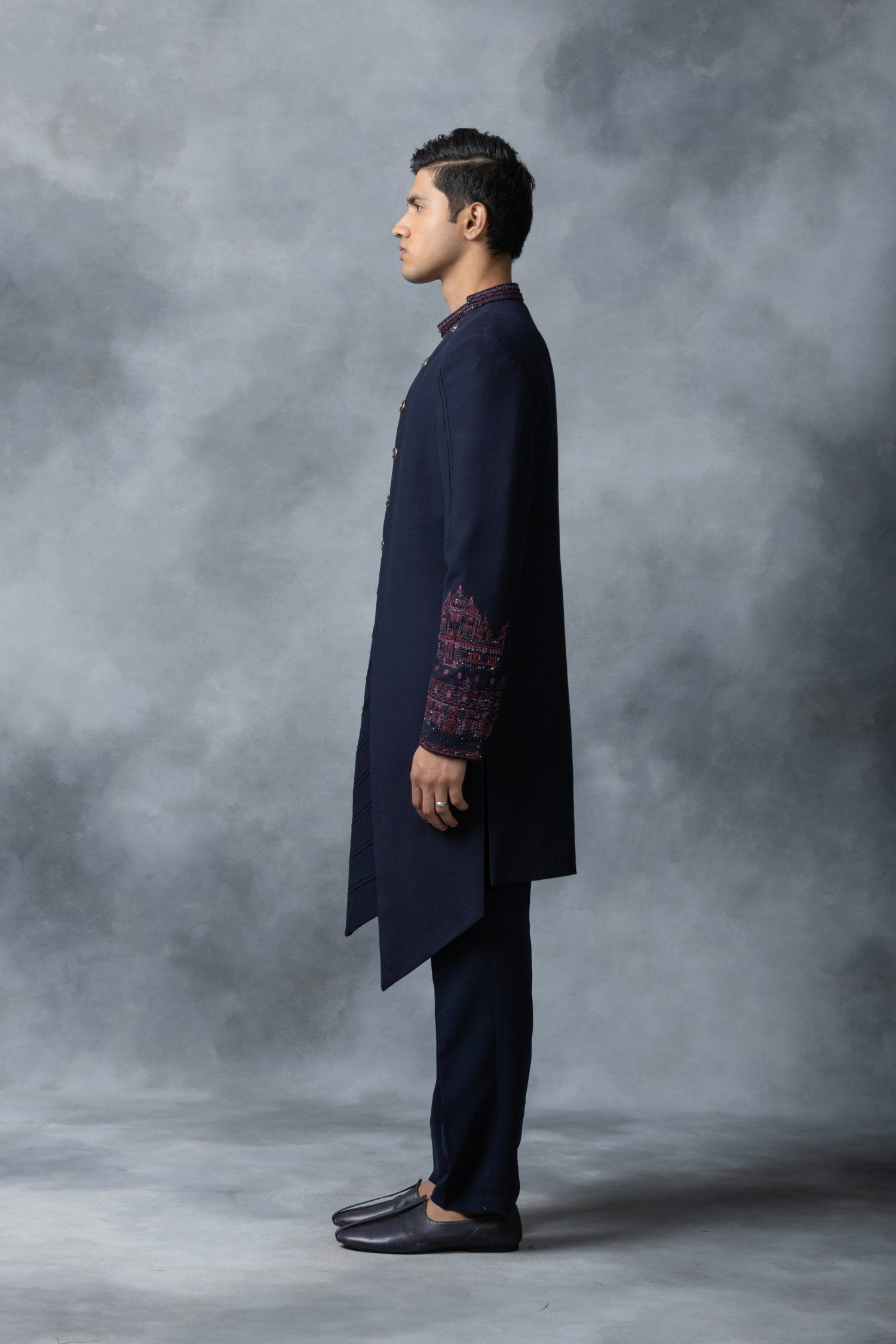 Navy Slant Cut Indo-Western With Wine And Navy Embroidery