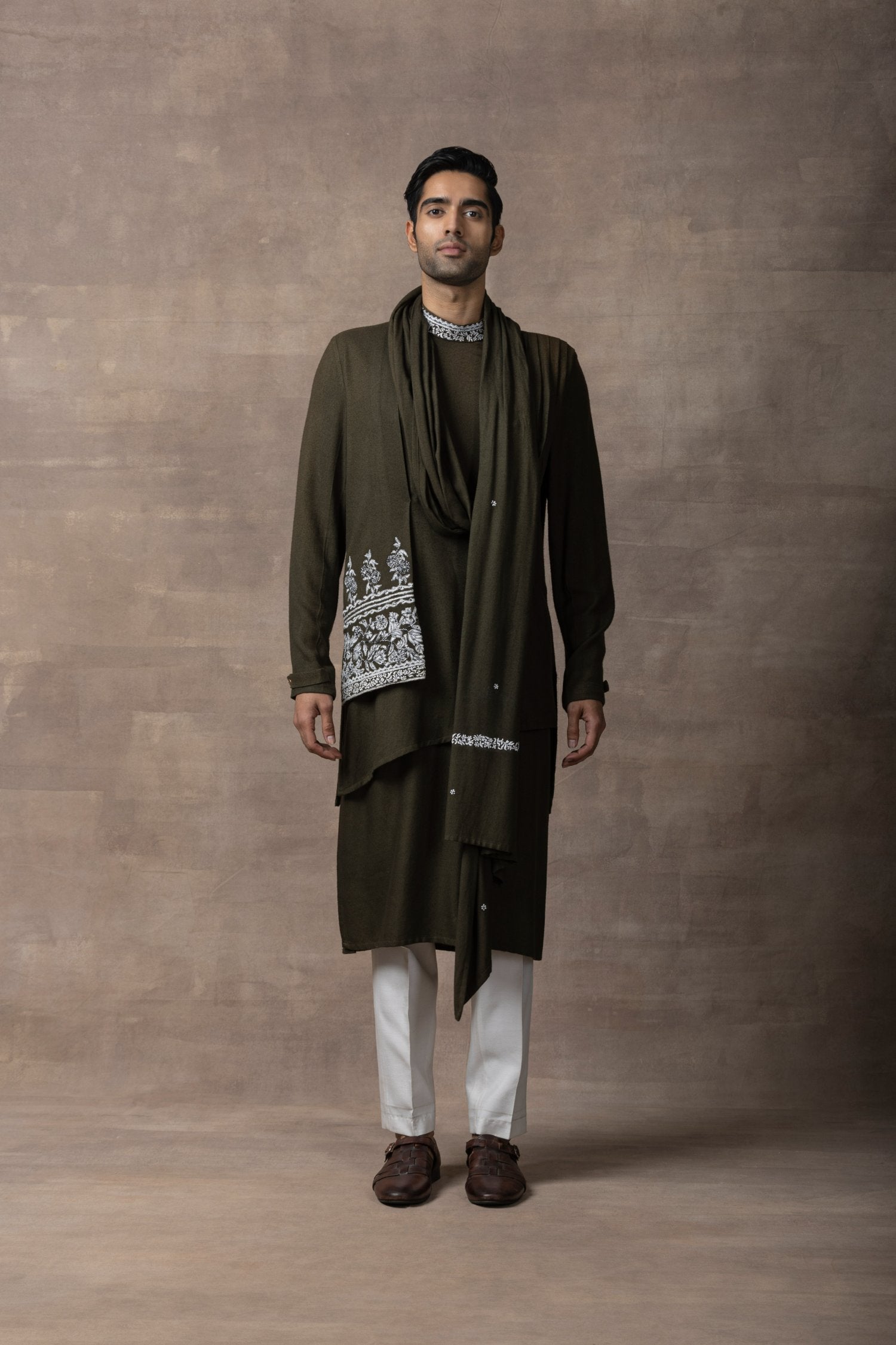 Olive Front Drape Kurta Set