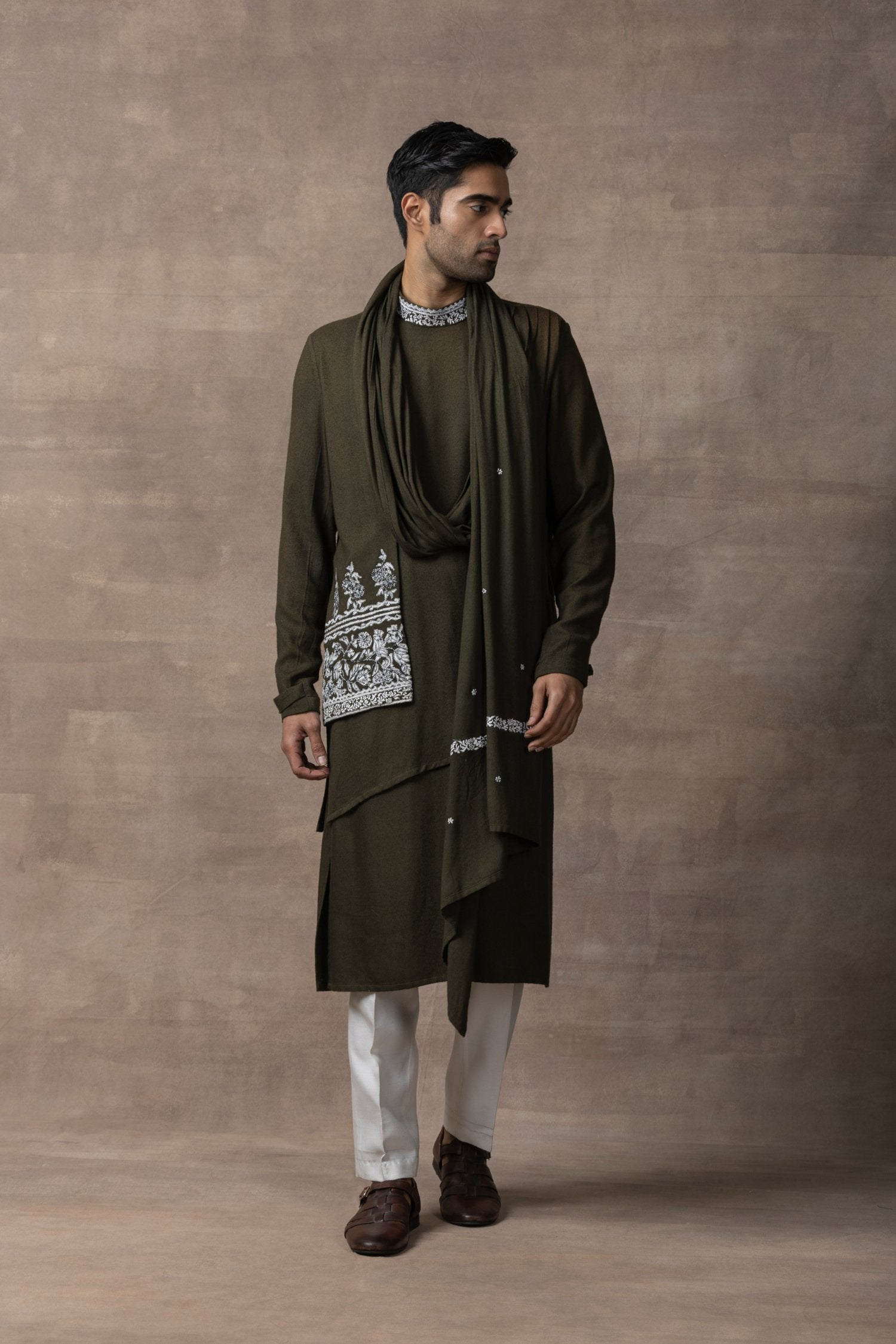 Olive Front Drape Kurta Set