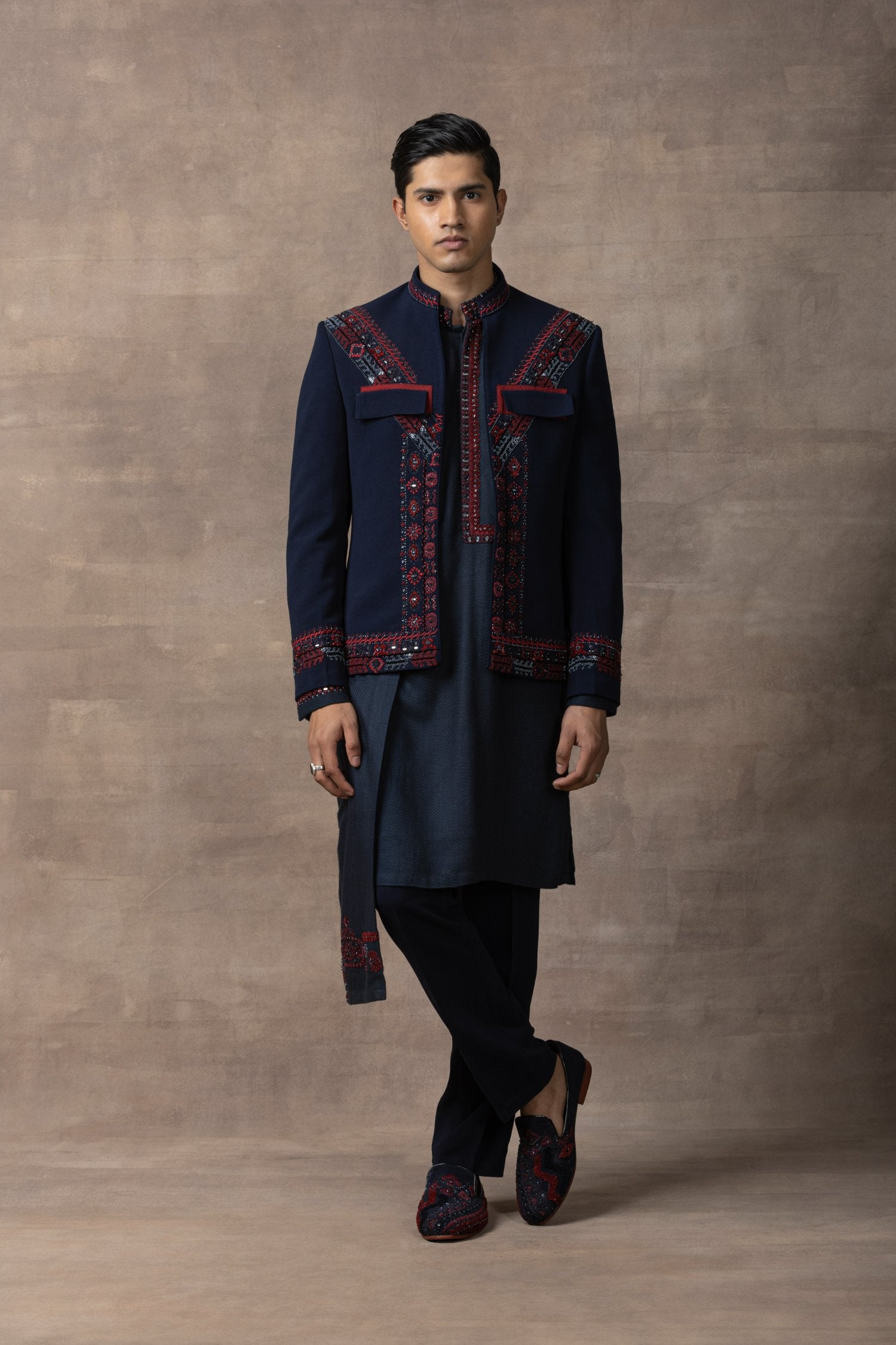 Navy Embroidered Open Bandhgala Set