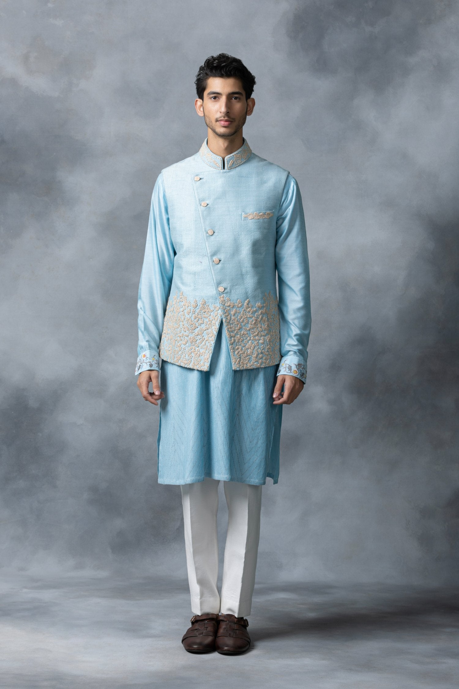 Sky Blue Angrakha Cut Waistcoat Set