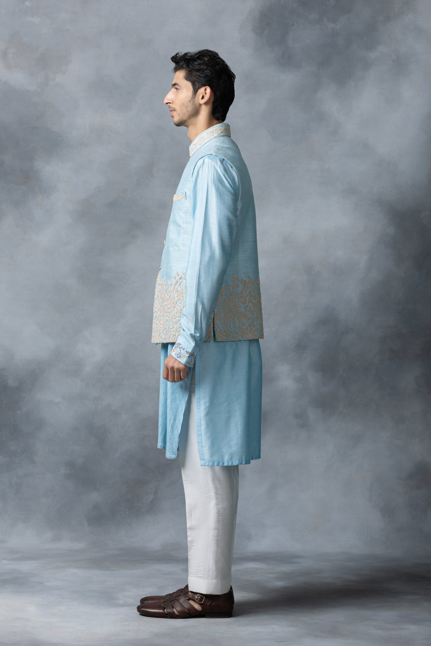 Sky Blue Angrakha Cut Waistcoat Set