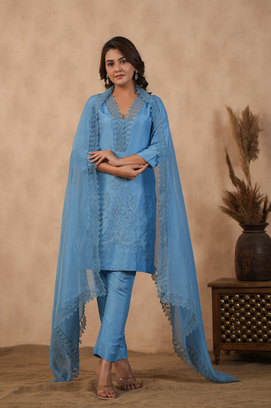 Blue Embroidered Suit Set ( Set Of 3 )