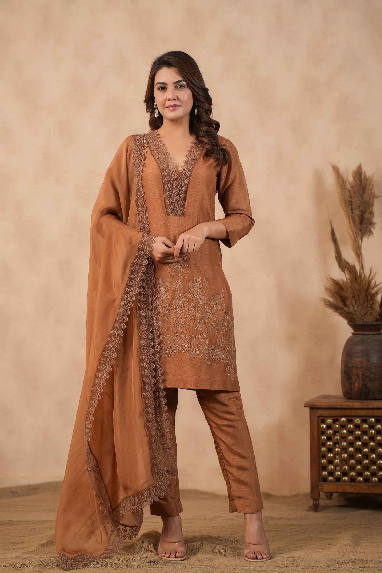 Brown Embroidered Suit Set ( Set Of 3 )