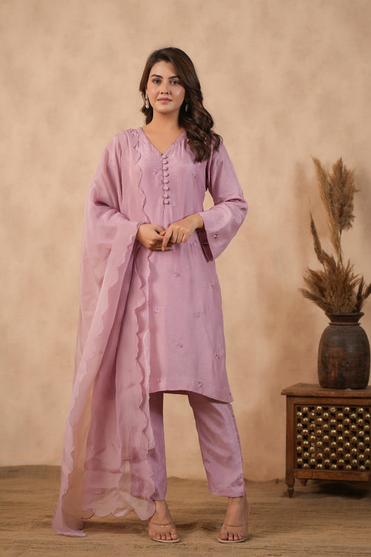 Lilac Embroidered Tunic Set ( Set Of 3 )