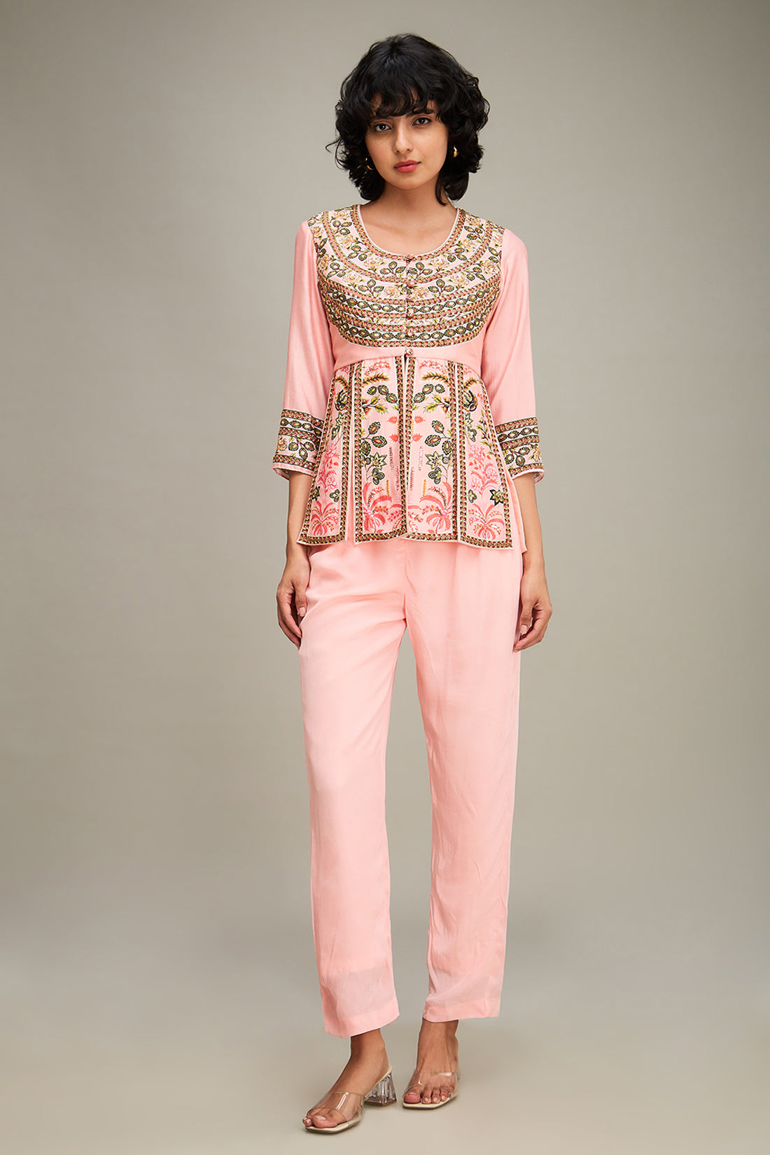 Mehr Embroidered Peplum Top With Pants