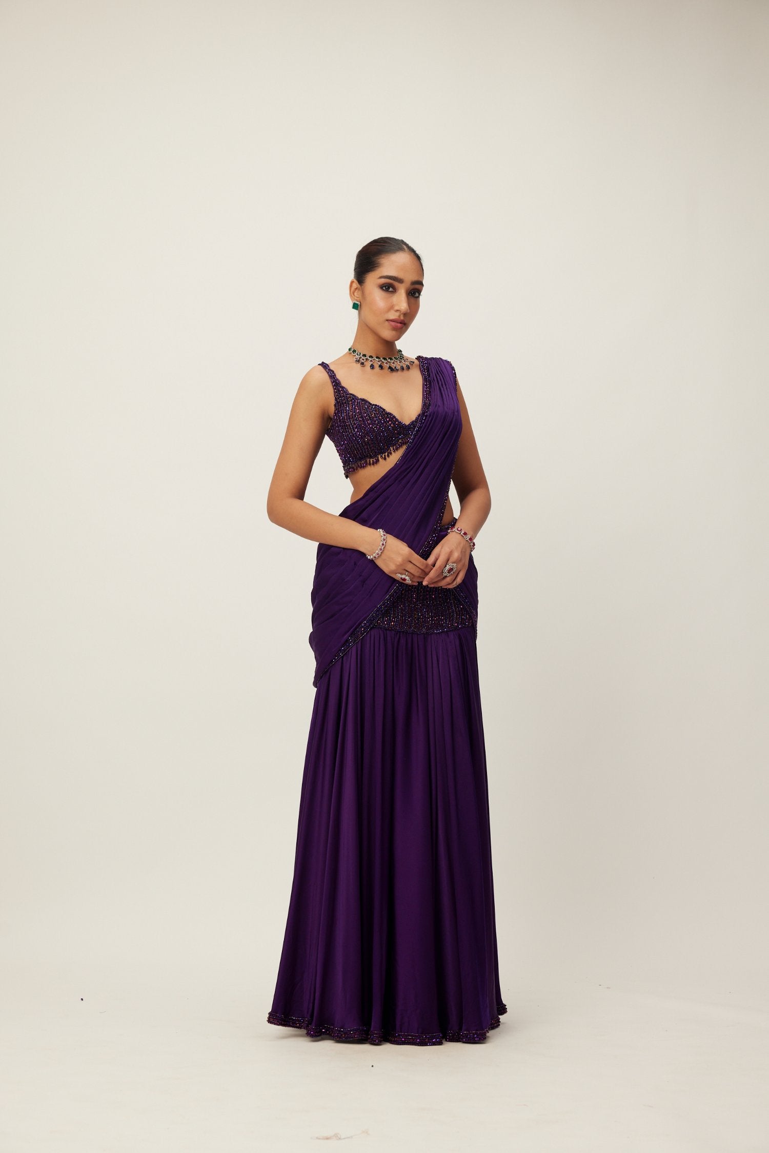 Royalty Purple Pre Draped Crystal beaded Saree Set