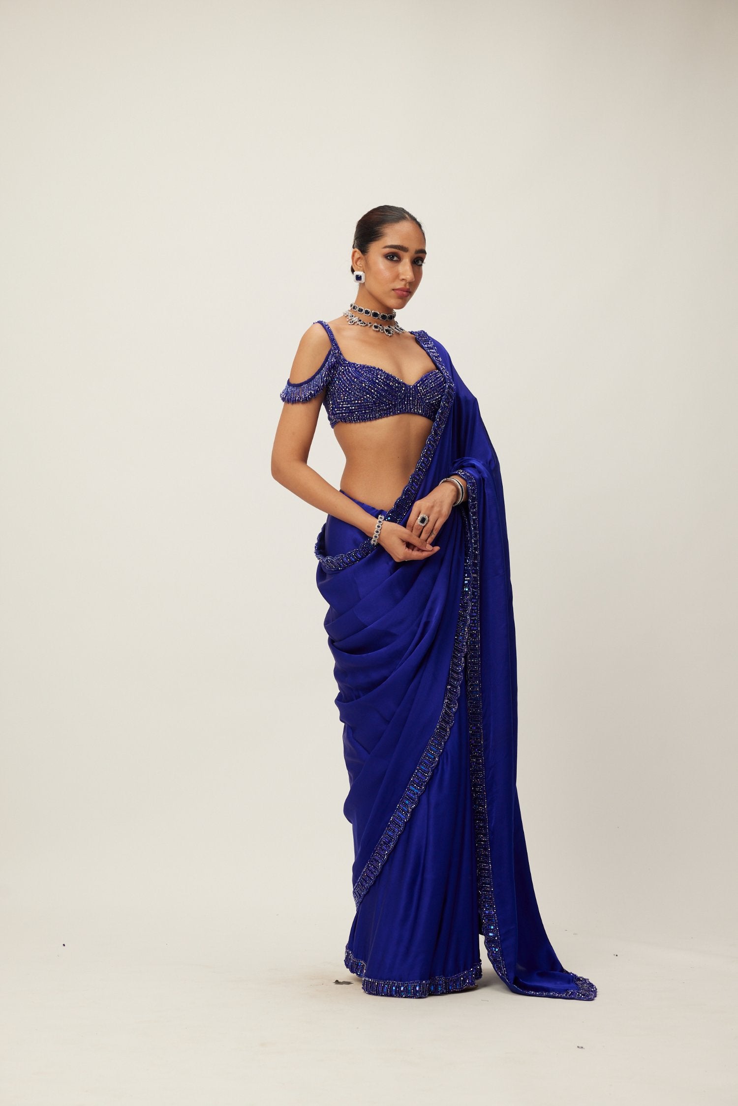 Cocktail Blue Satin Saree Set