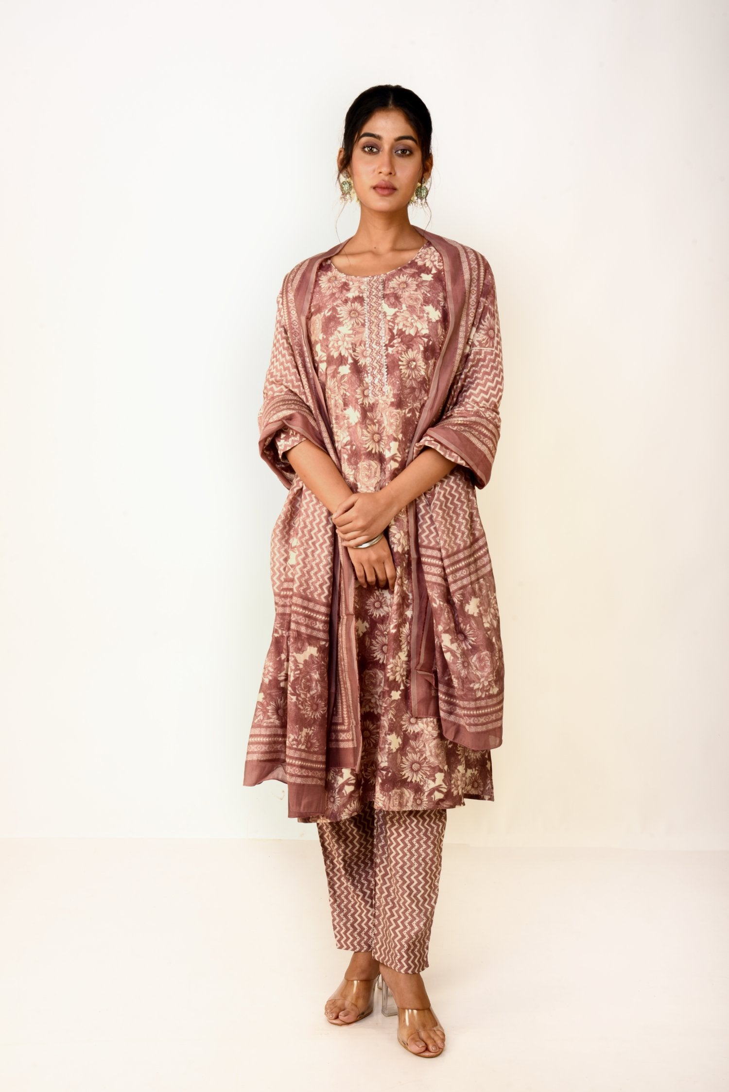 Whispering Wine Modal Satin Kurta set with Embroidery