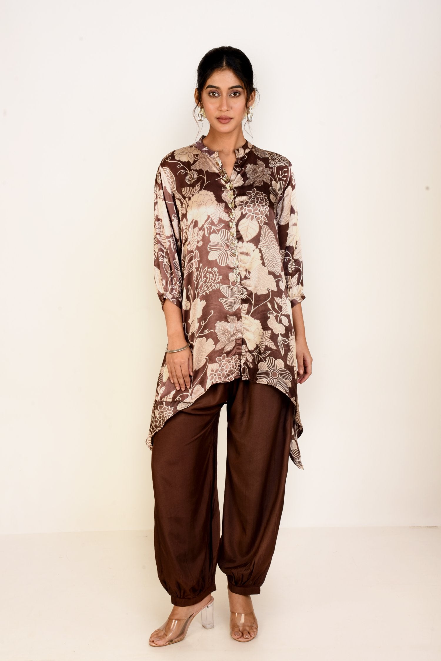 Cocoa Bloom Modal Satin Printed Co-ord set