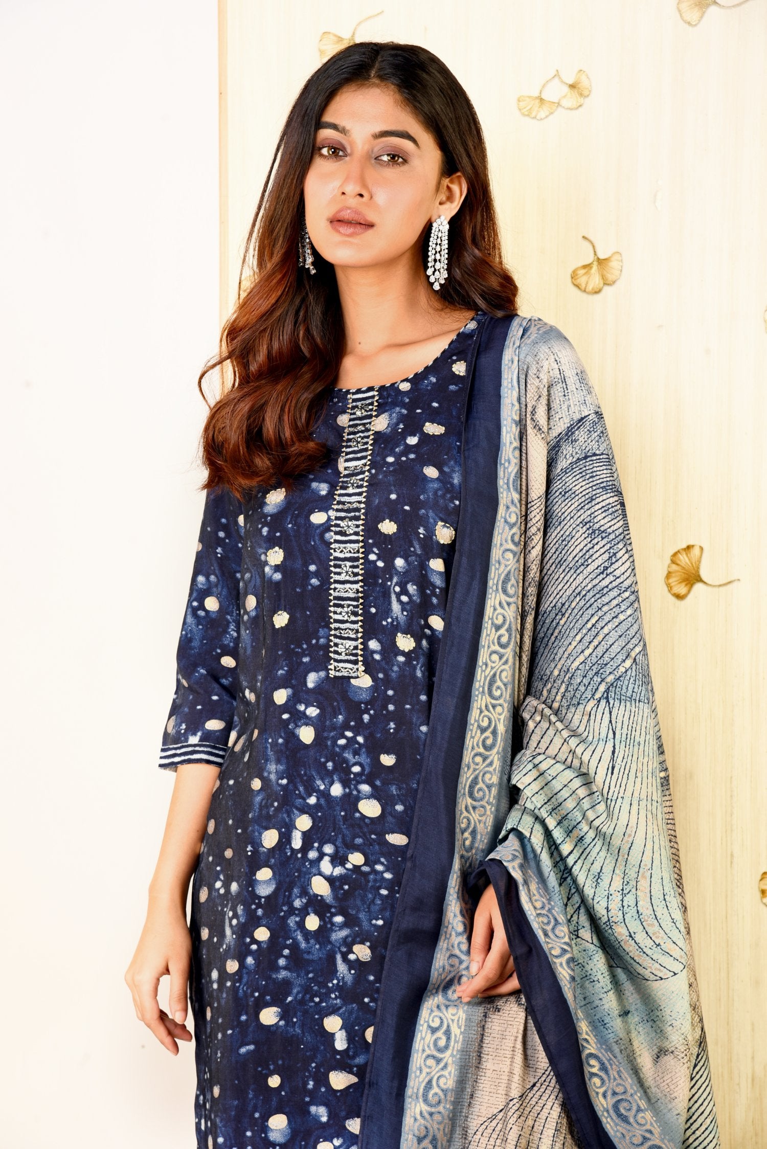 Chic Navy Blue Muslin Silk Kurta set with Embroidery