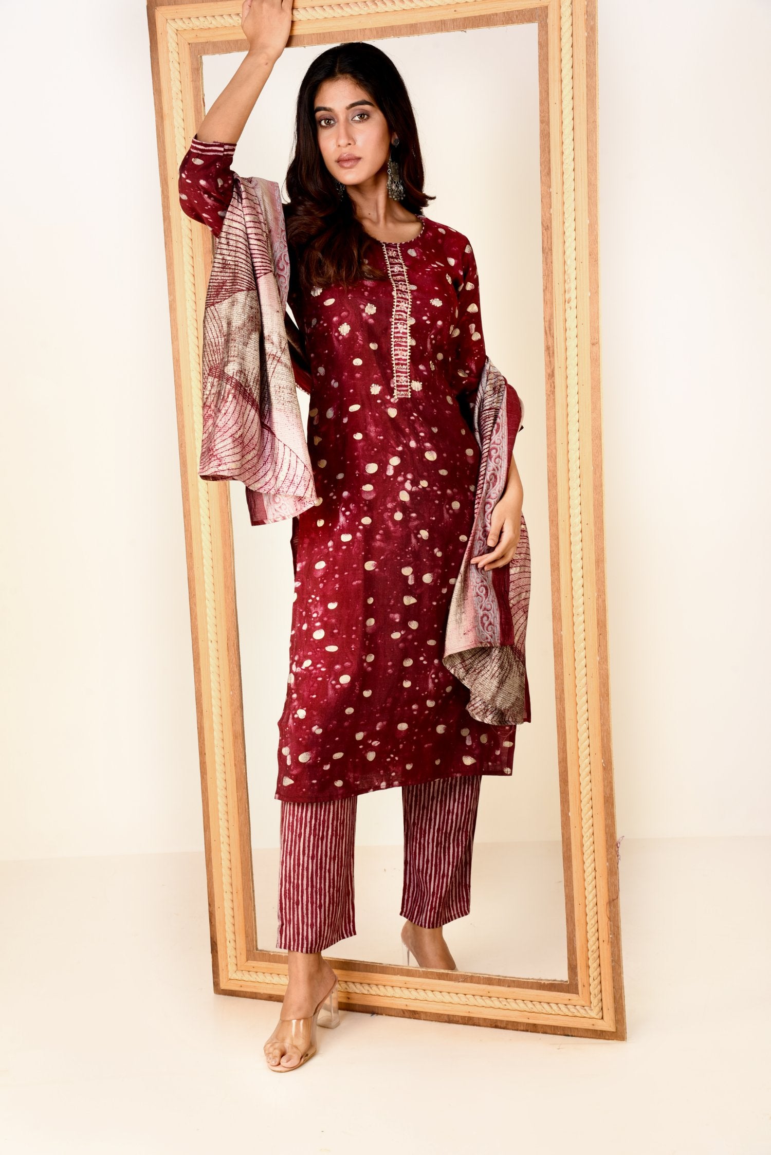 Ethereal Maroon Muslin Silk Kurta set with Embroidery