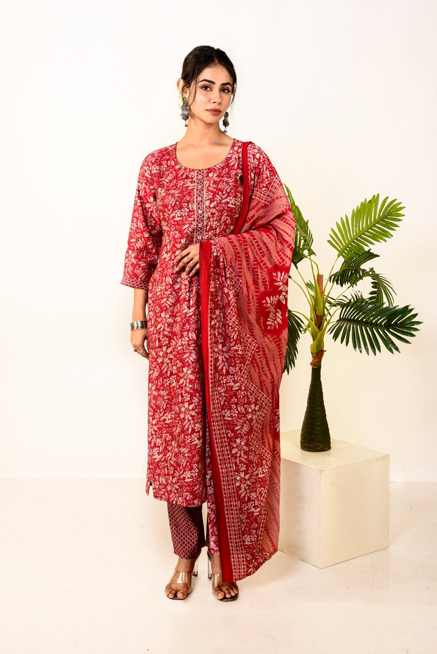 Red Modal Satin Kurta set with Embroidery