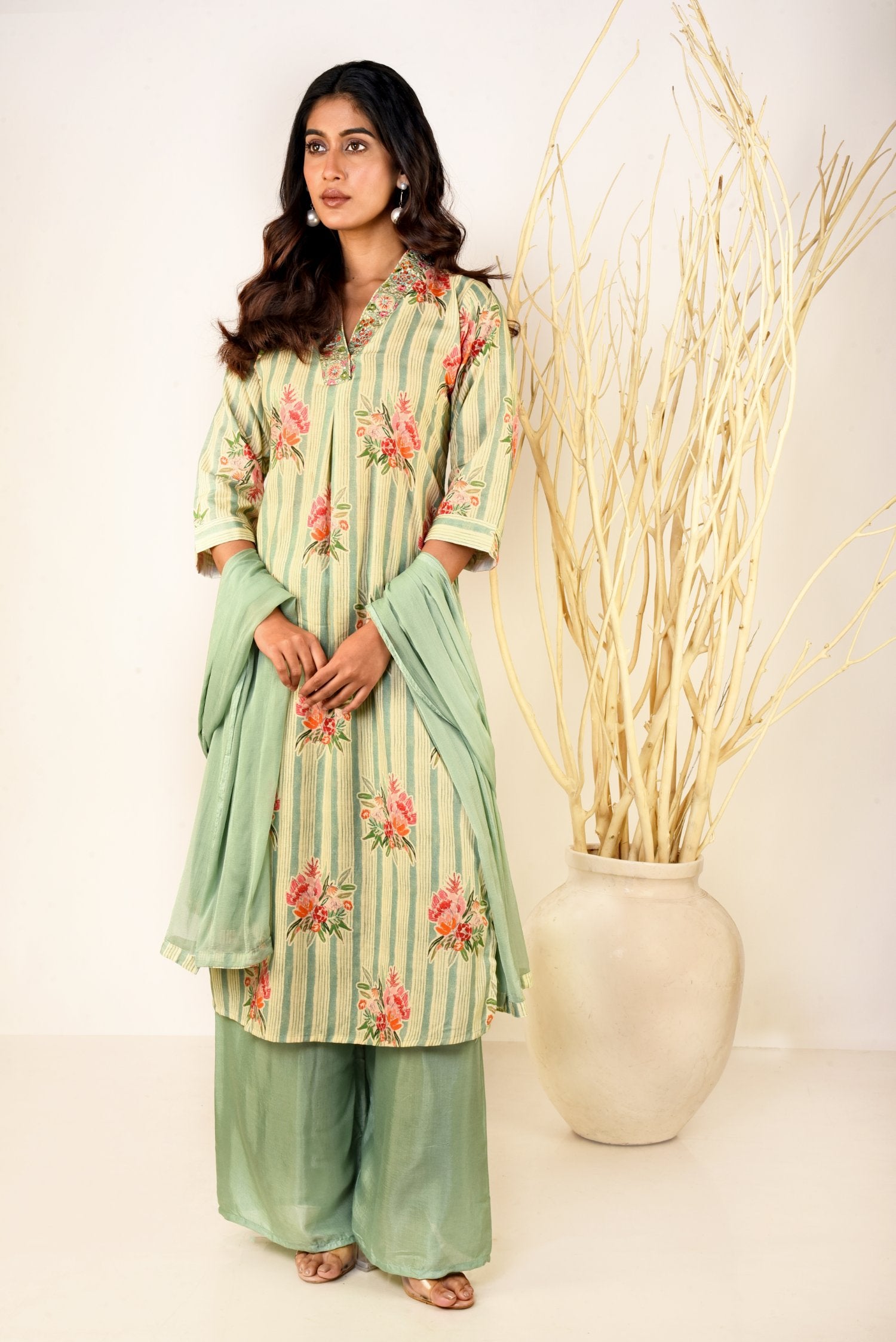 Radiant Green Rayon Printed Kurta set with Embroidery