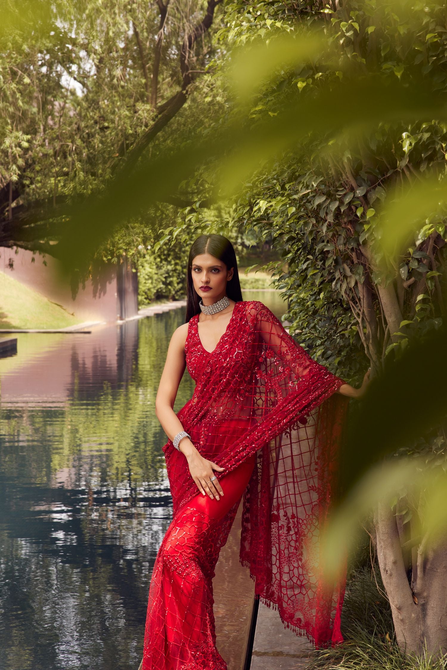 Red Embroidered Net Saree