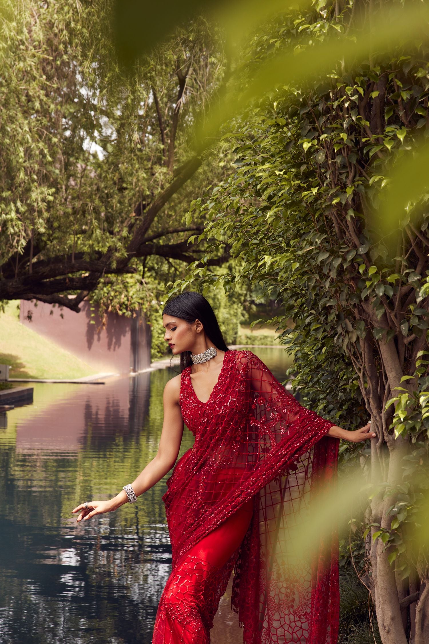 Red Embroidered Net Saree