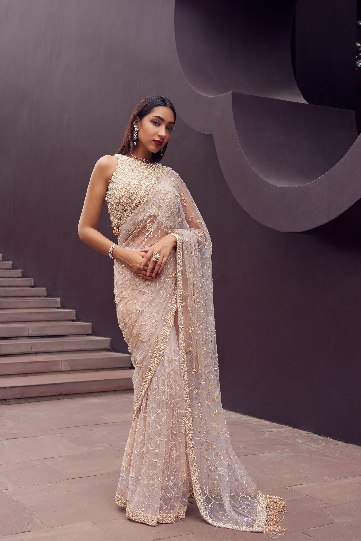 Beige Net Embroidered Saree