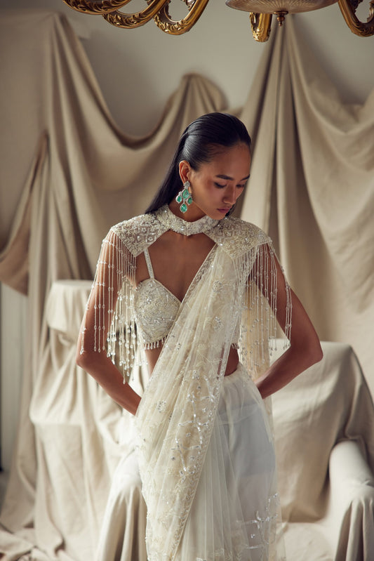 Ivory Cocktail Saree With A Shoulder Cape