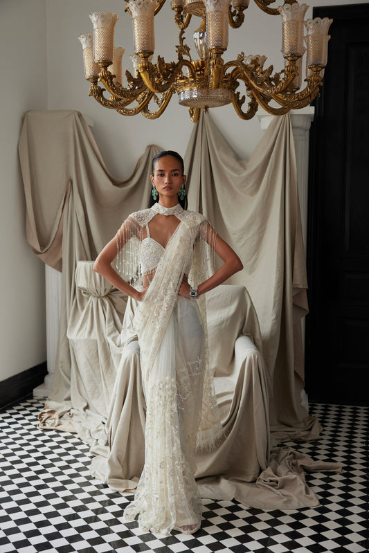 Ivory Cocktail Saree With A Shoulder Cape