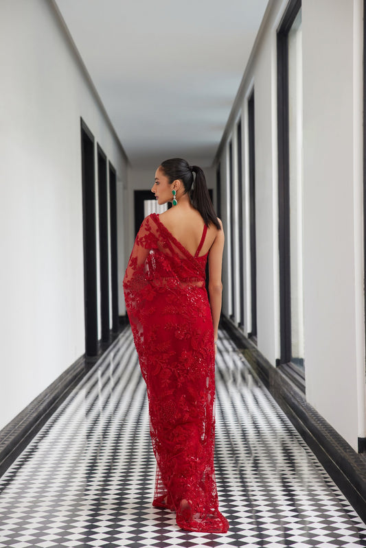 Red Cocktail Saree