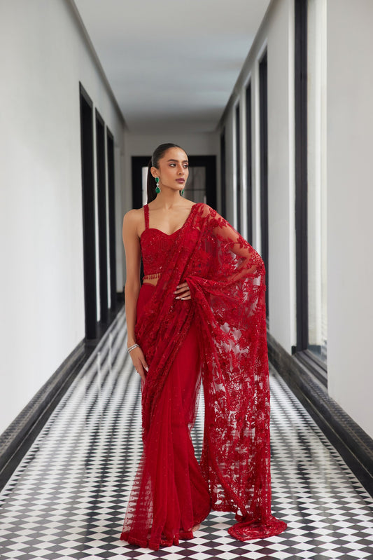 Red Cocktail Saree