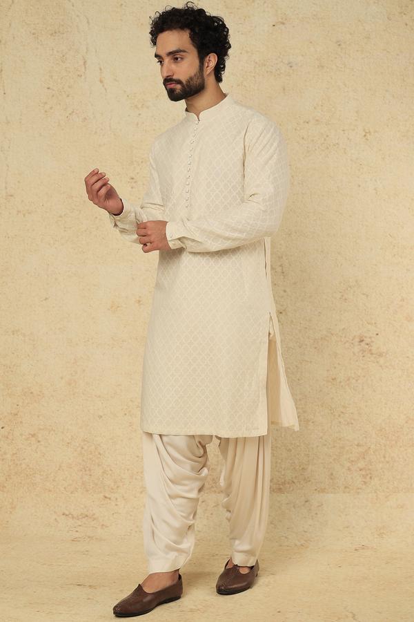 Off-White Silk Chanderi & Modal Satin Kurta Set