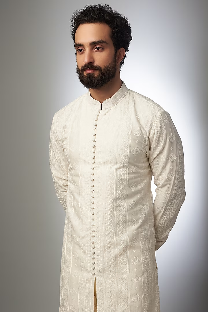 Ivory Silk Embroidered Kurta Set