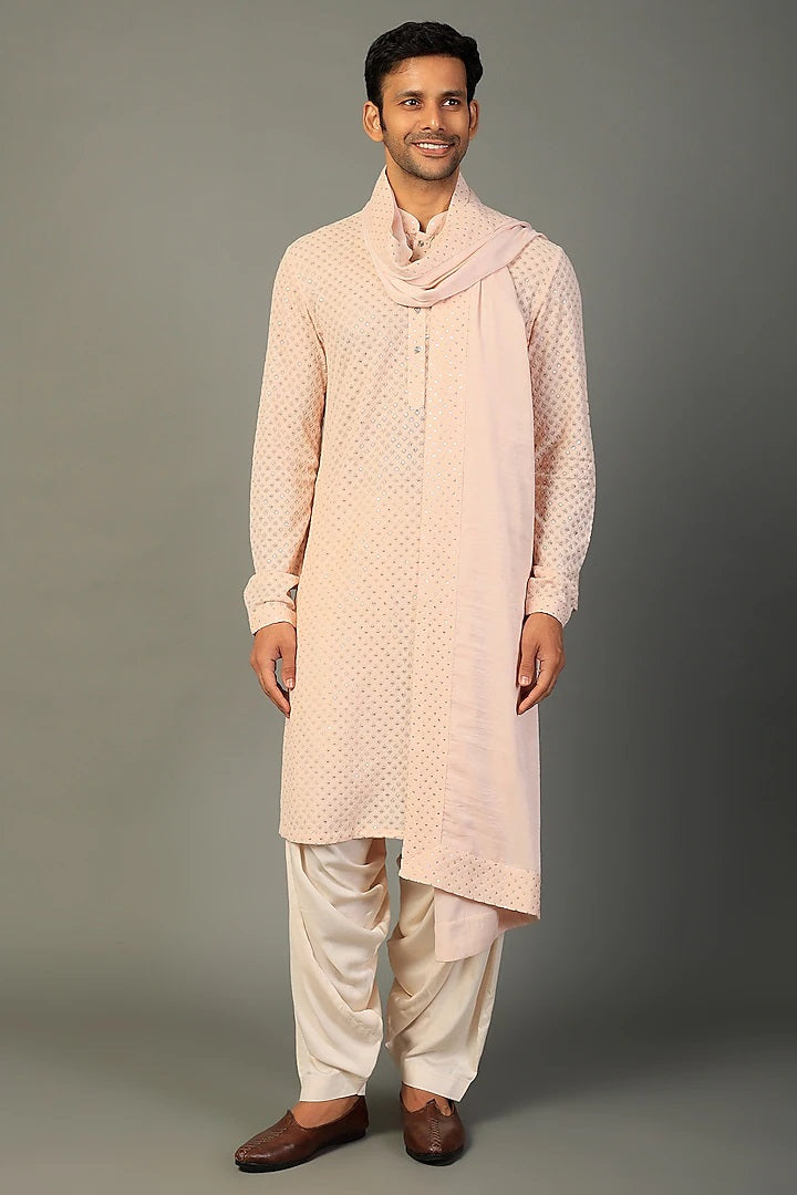 Peach Pink Embellished Kurta Set With Stole