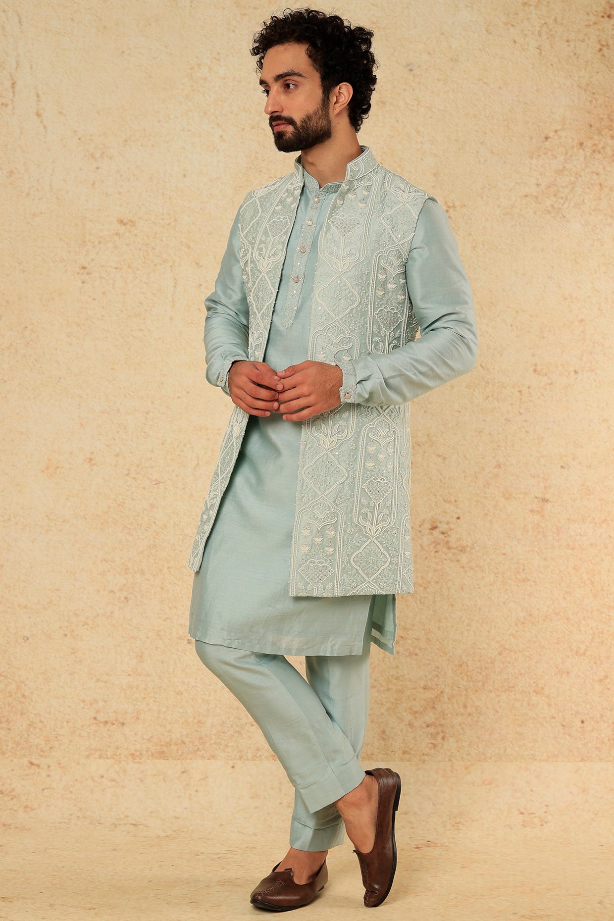 Pastel Green Embroidered Indowestern Set