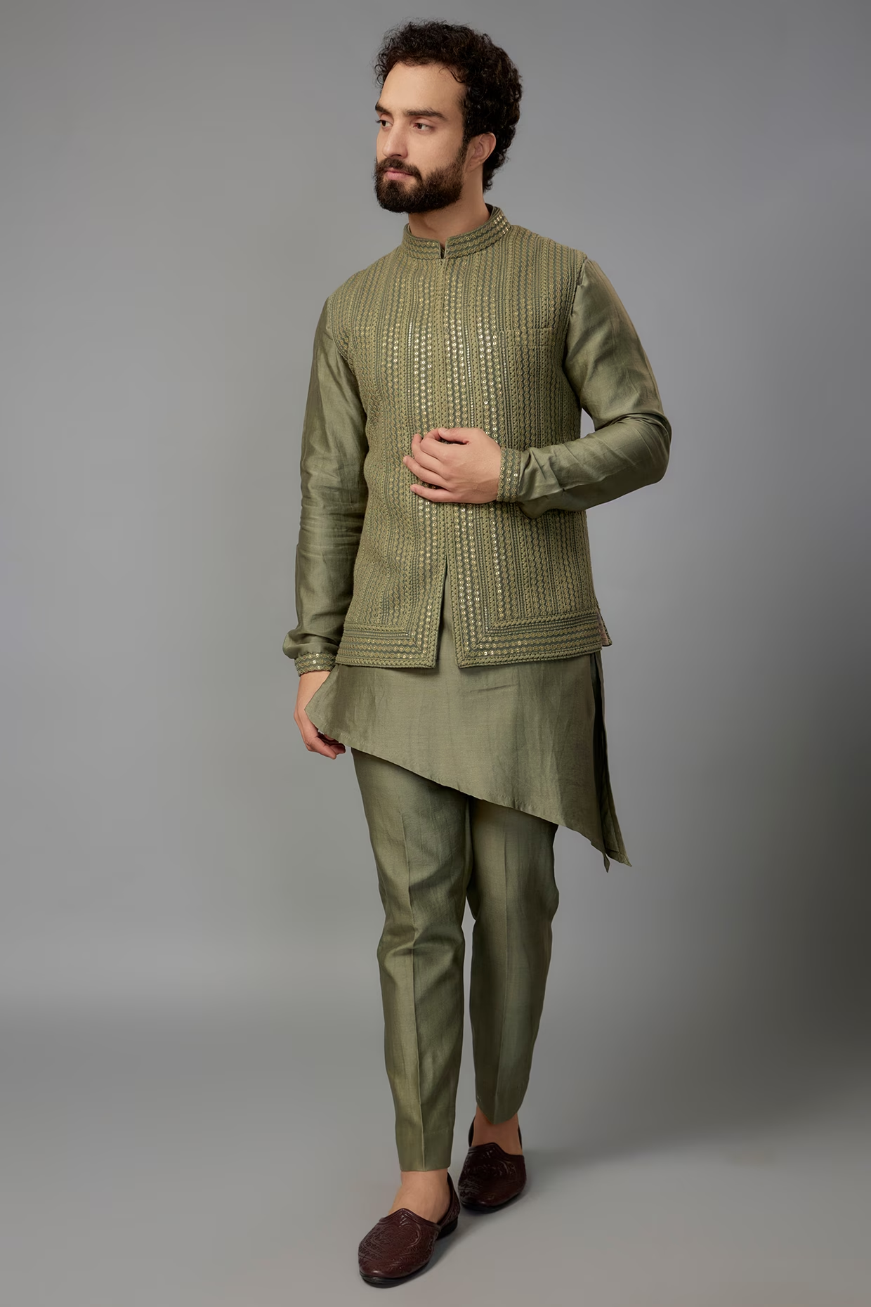 Sage Green Georgette Embroidered Nehru Jacket Set